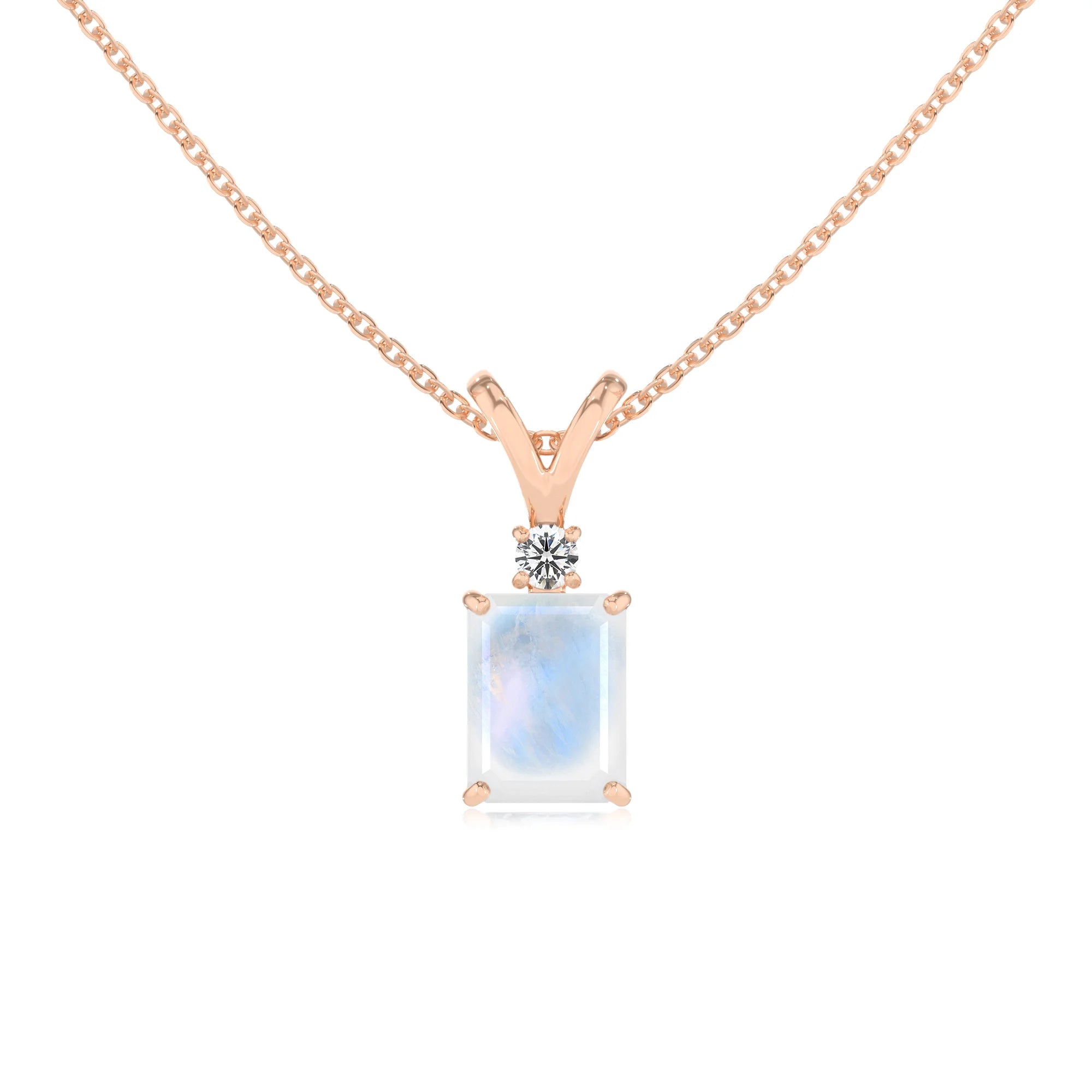 natural rainbow-moonstone emerald cut solitaire v-bale necklaces in rose gold