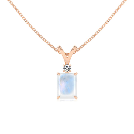 natural rainbow-moonstone emerald cut solitaire v-bale necklaces in rose gold
