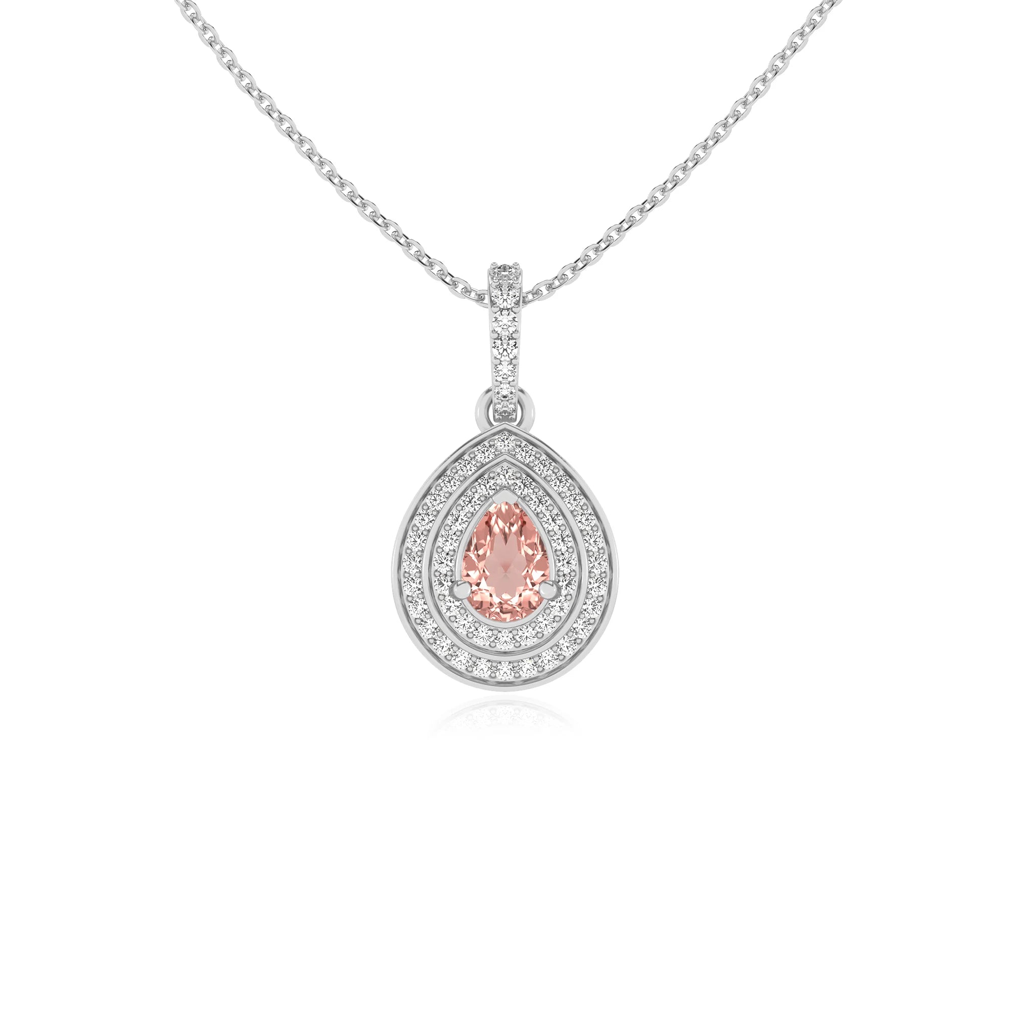 lab grown morganite pear halo necklaces in sterling silver