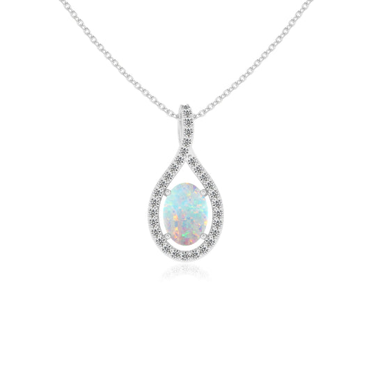 lab grown opal oval solitaire necklaces in white gold