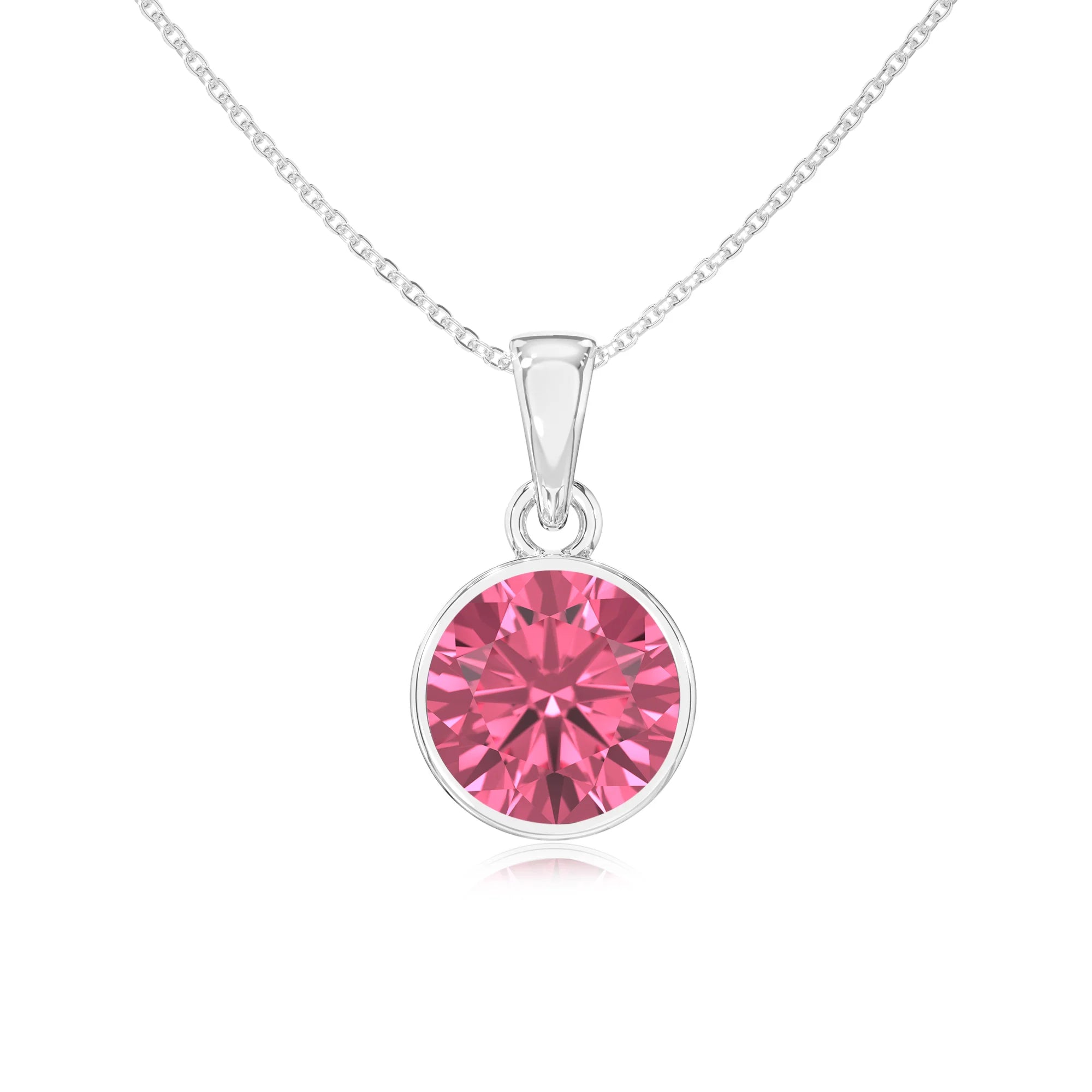 lab grown pink-tourmaline round solitaire necklaces in white gold