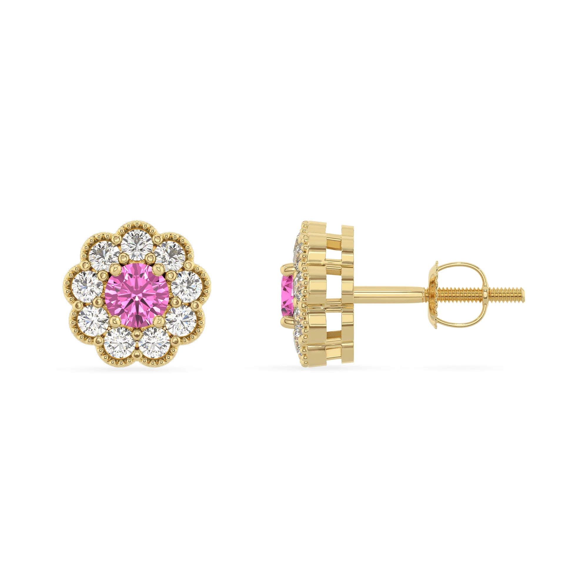 lab grown pink sapphire round stud earrings in yellow gold