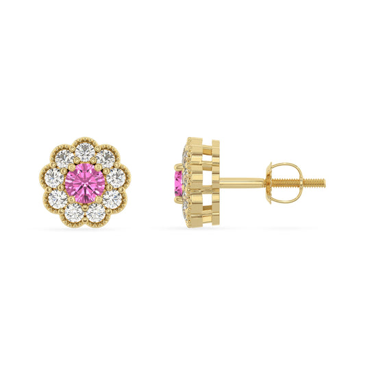 lab grown pink sapphire round stud earrings in yellow gold