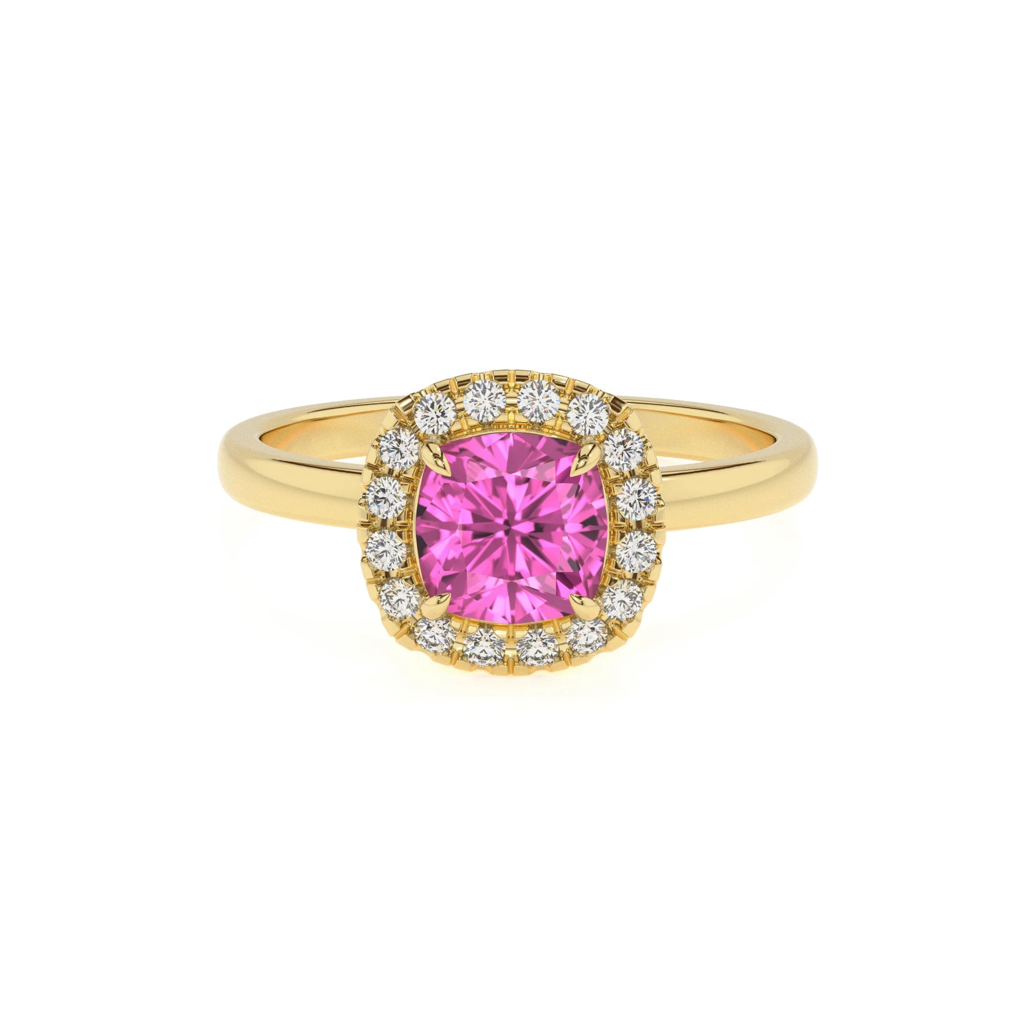 lab grown pink-sapphire cushion solitaire rings in yellow gold