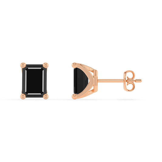 natural black onyx emerald cut stud earrings in rose gold