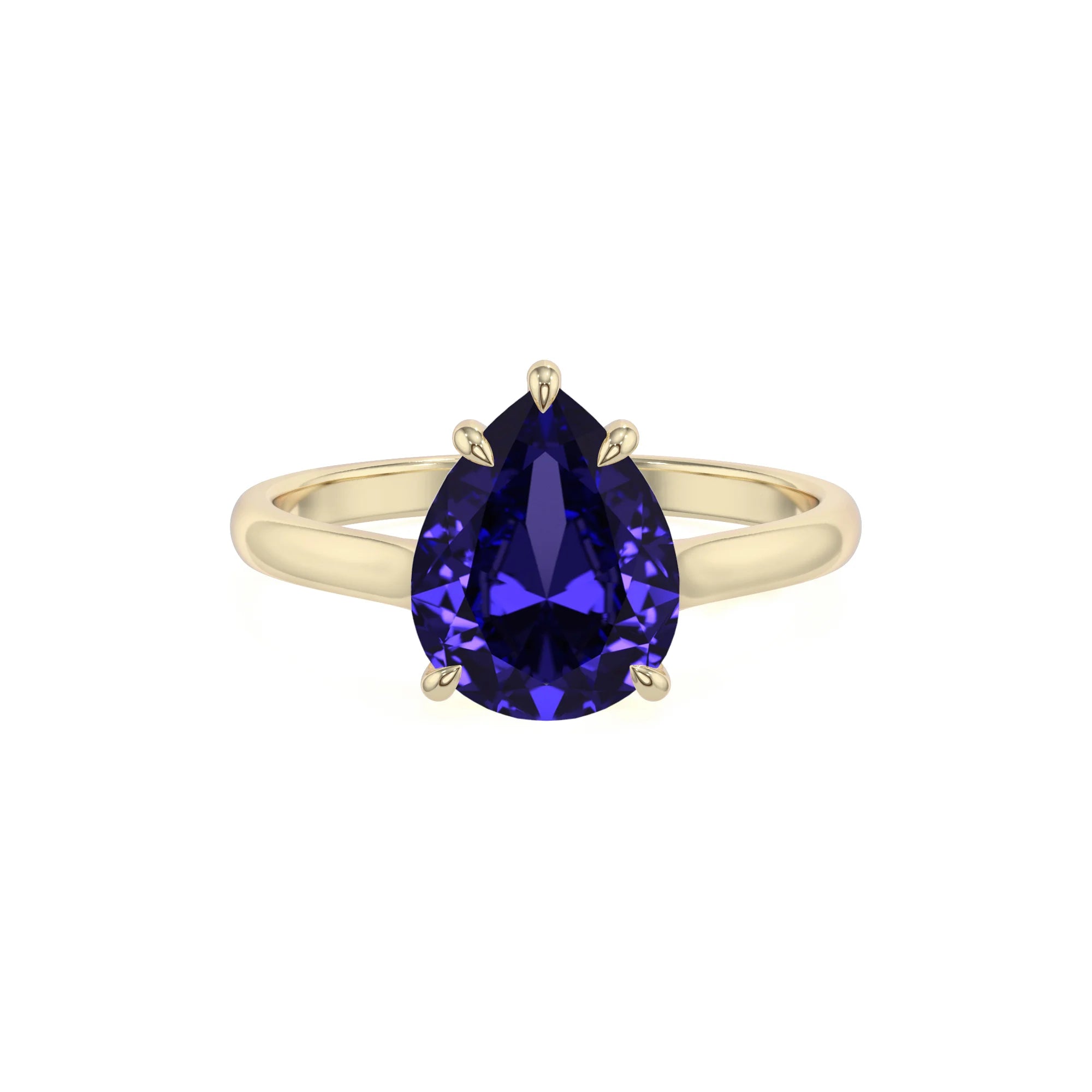 lab grown tanzanite pear solitaire rings in yellow gold