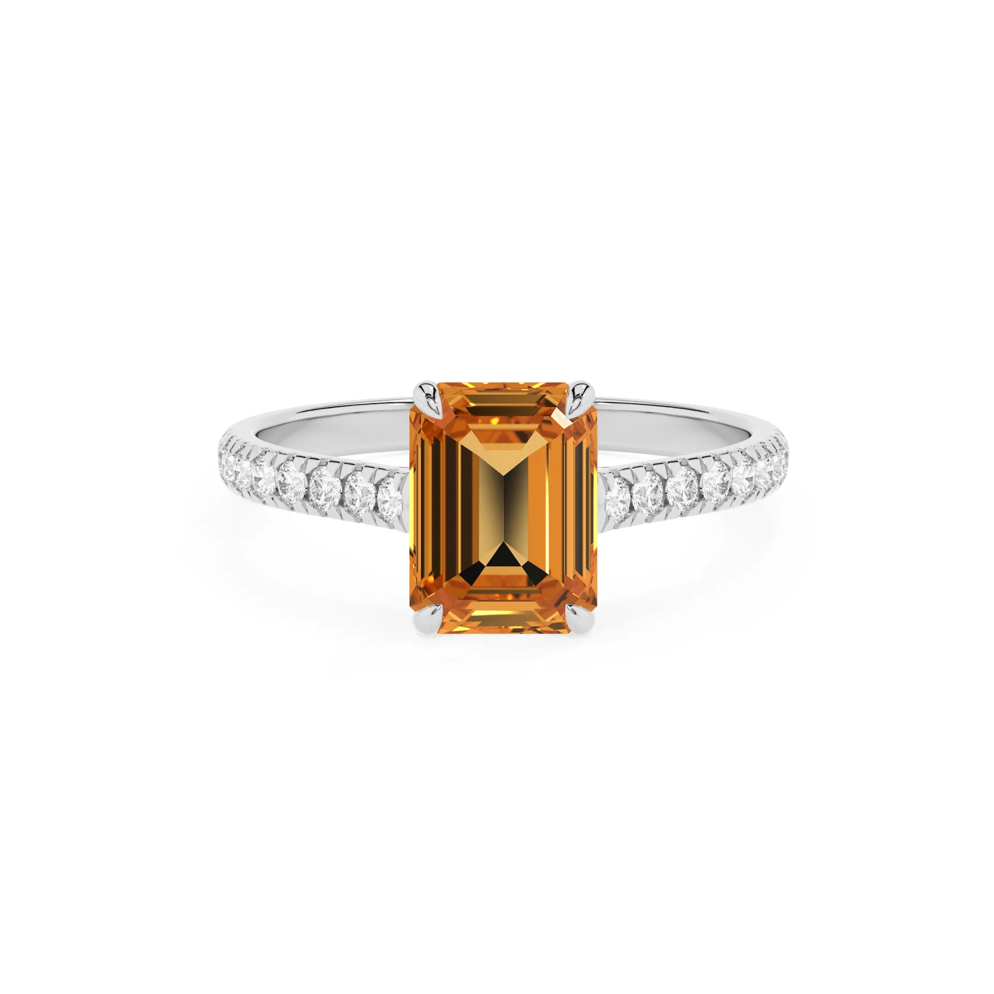 lab grown citrine emerald cut half eternity solitaire engagement rings in white gold
