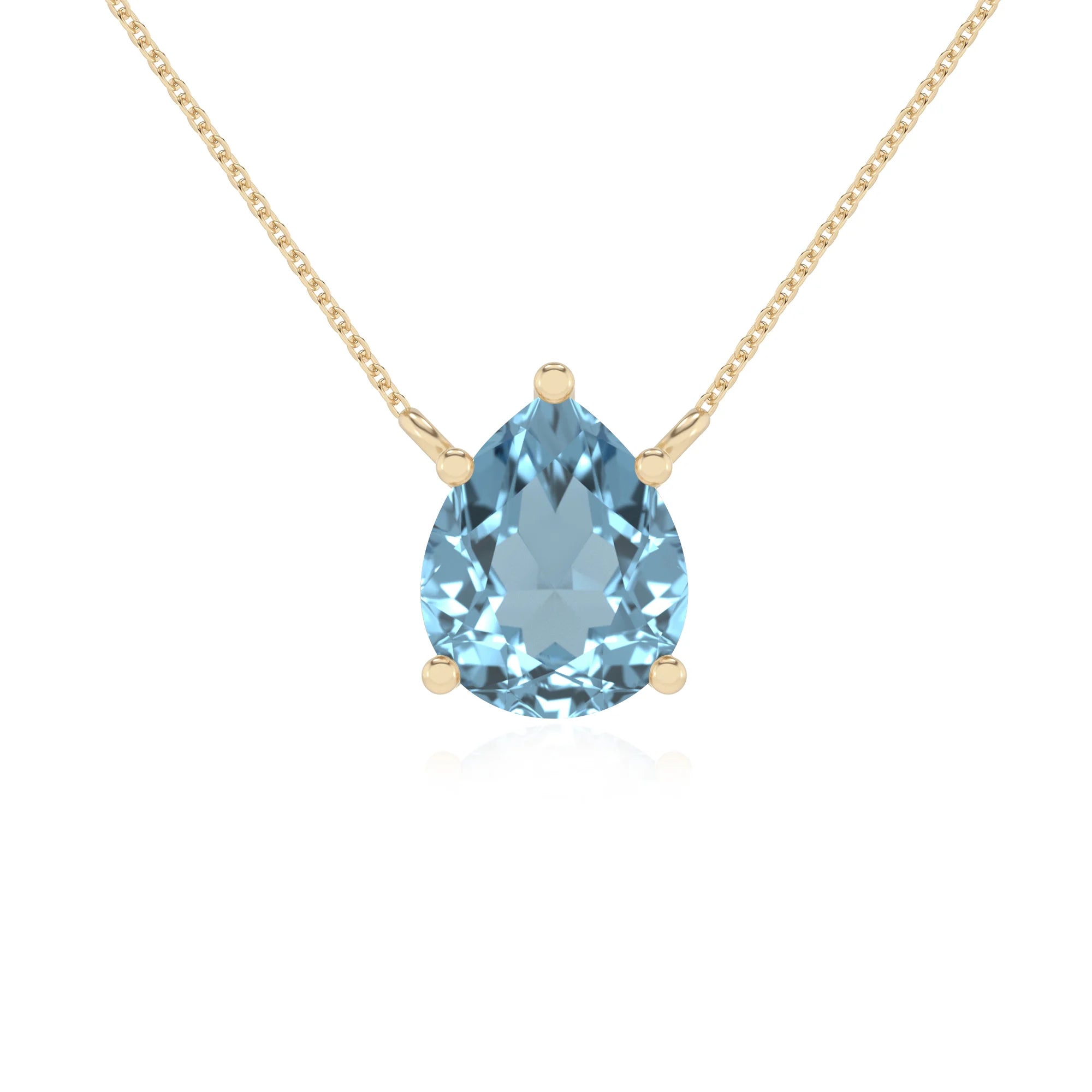 lab grown aquamarine pear solitaire necklaces in yellow gold