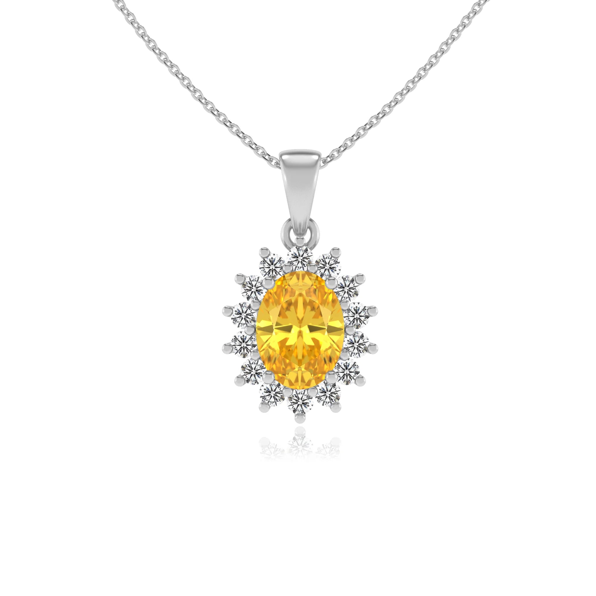 lab grown yellow-sapphire oval halo necklaces in white gold