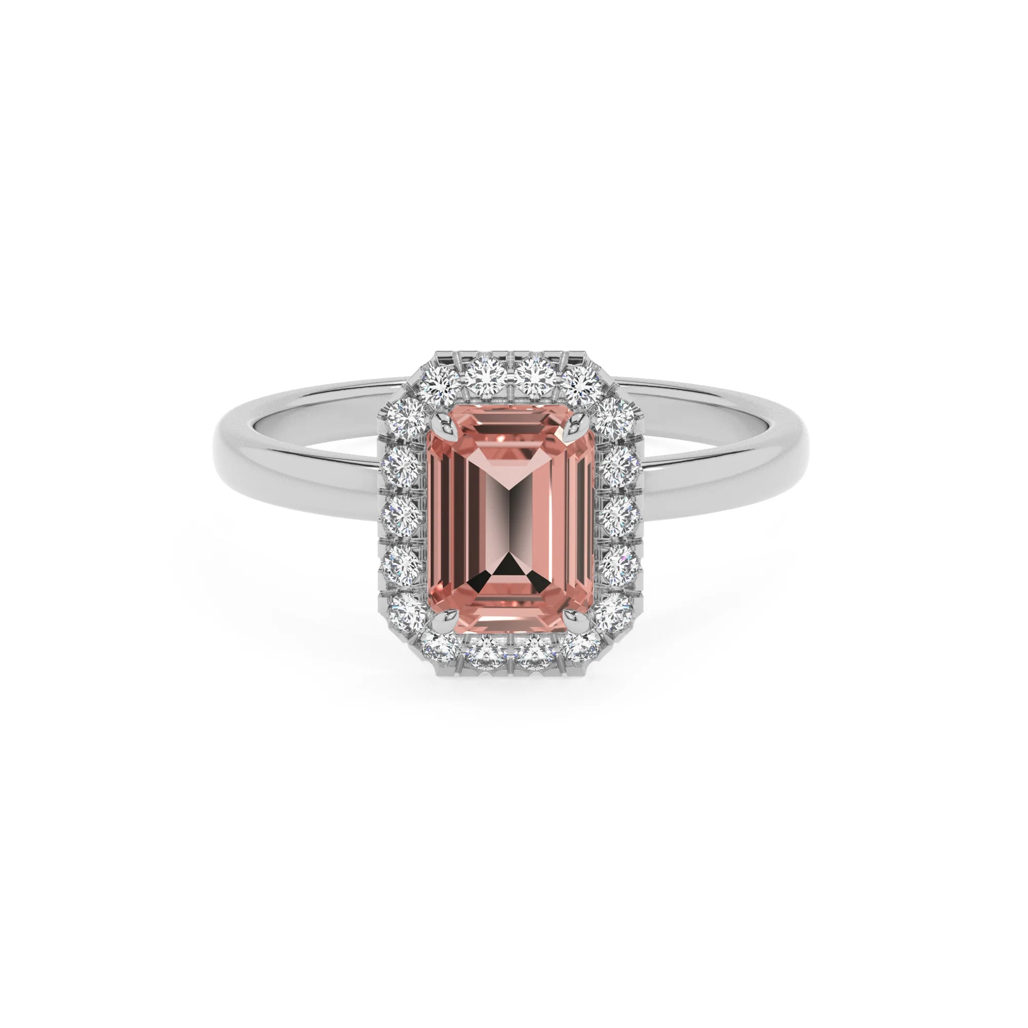 lab grown morganite emerald cut solitaire rings in platinum