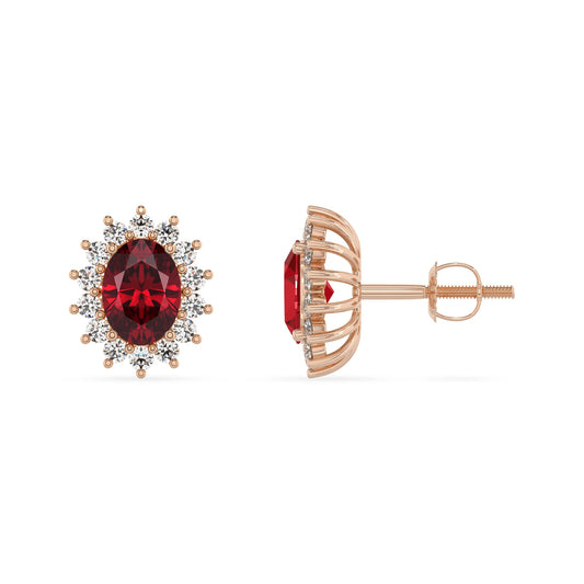 lab grown ruby oval stud earrings in rose gold