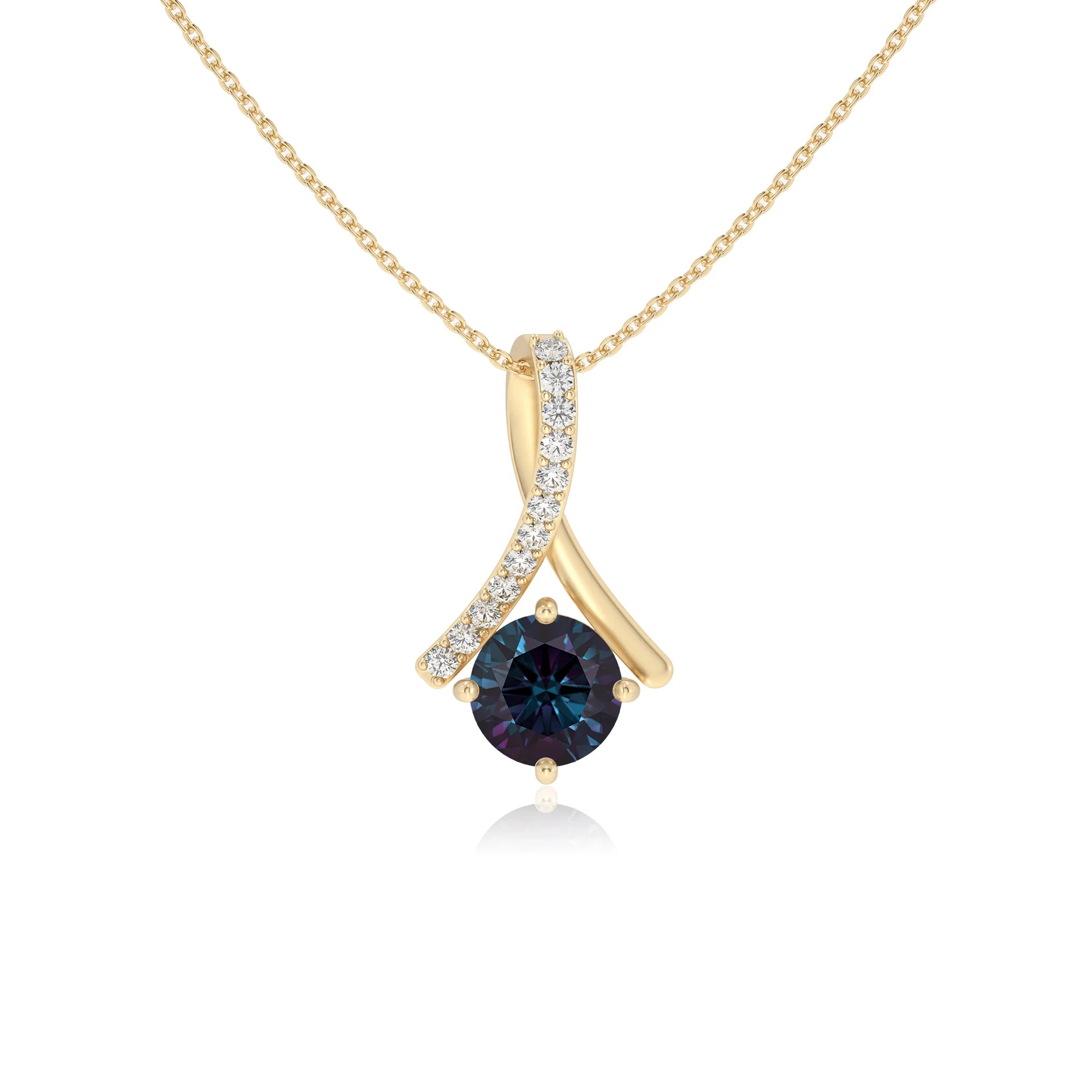 lab grown alexandrite round solitaire necklaces in yellow gold