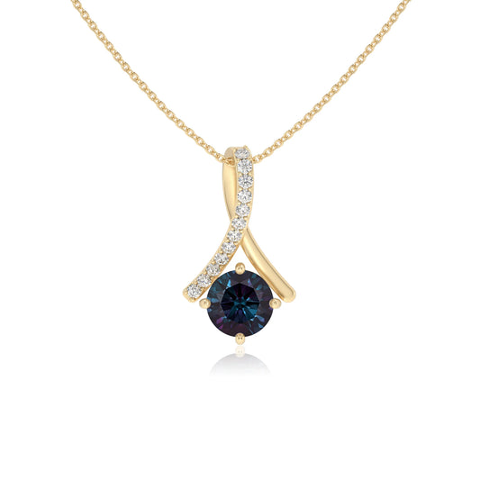 lab grown alexandrite round solitaire necklaces in yellow gold