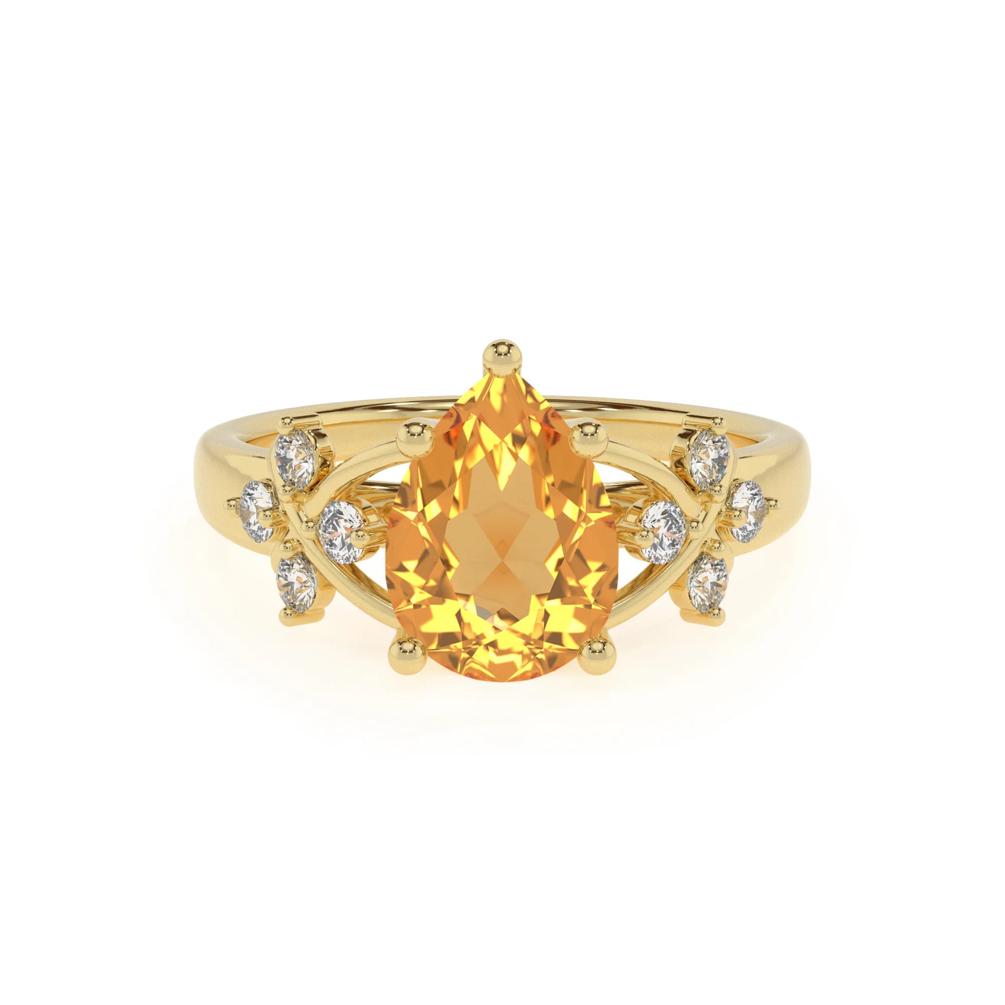 lab grown citrine pear solitaire rings in yellow gold
