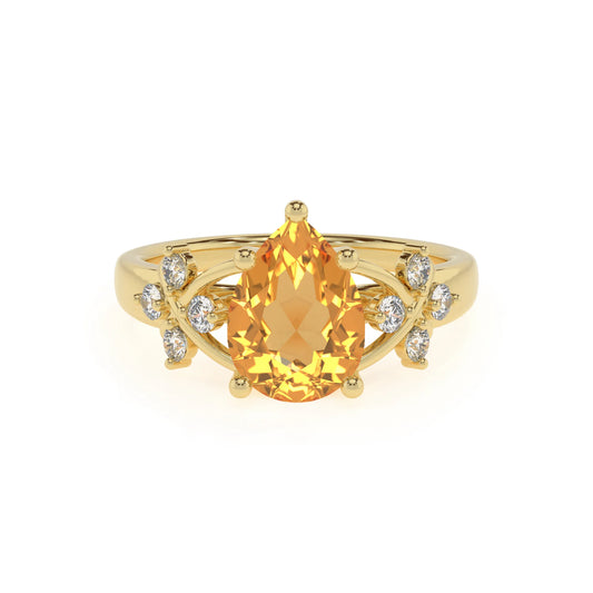 lab grown citrine pear solitaire rings in yellow gold
