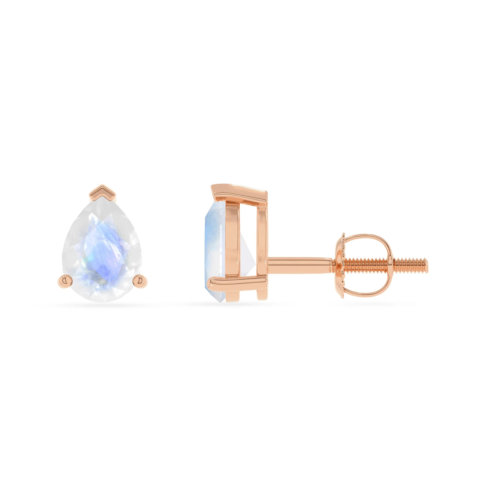 natural rainbow moonstone pear stud earrings in rose gold