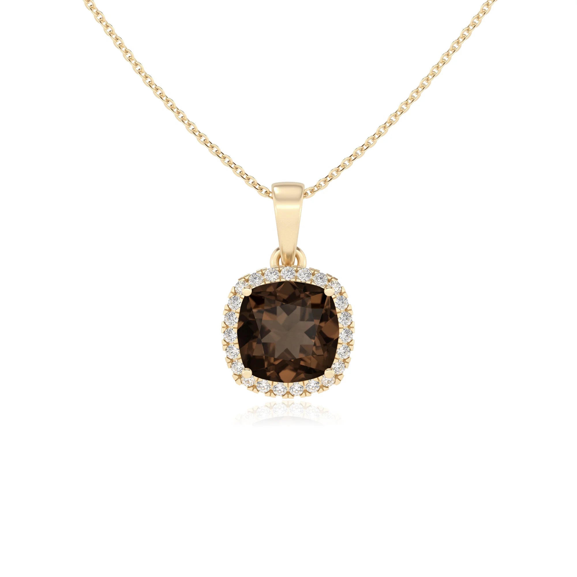 natural smoky-quartz cushion solitaire necklaces in yellow gold