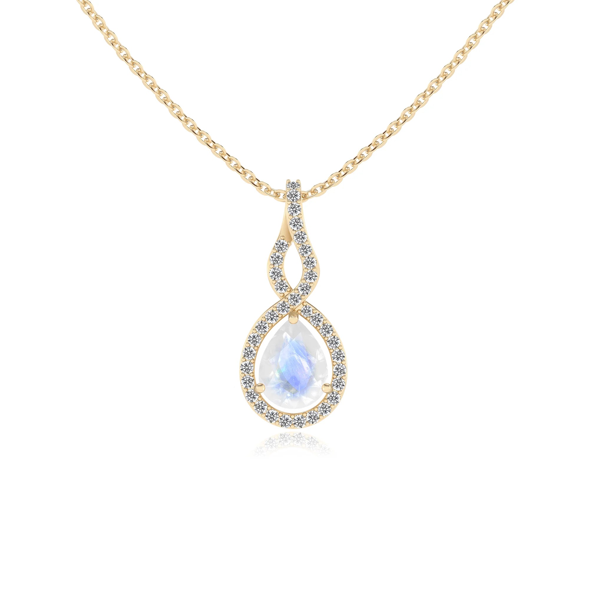 natural rainbow-moonstone pear necklaces in yellow gold