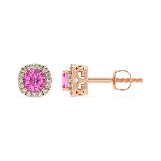 lab grown pink sapphire cushion stud earrings in rose gold