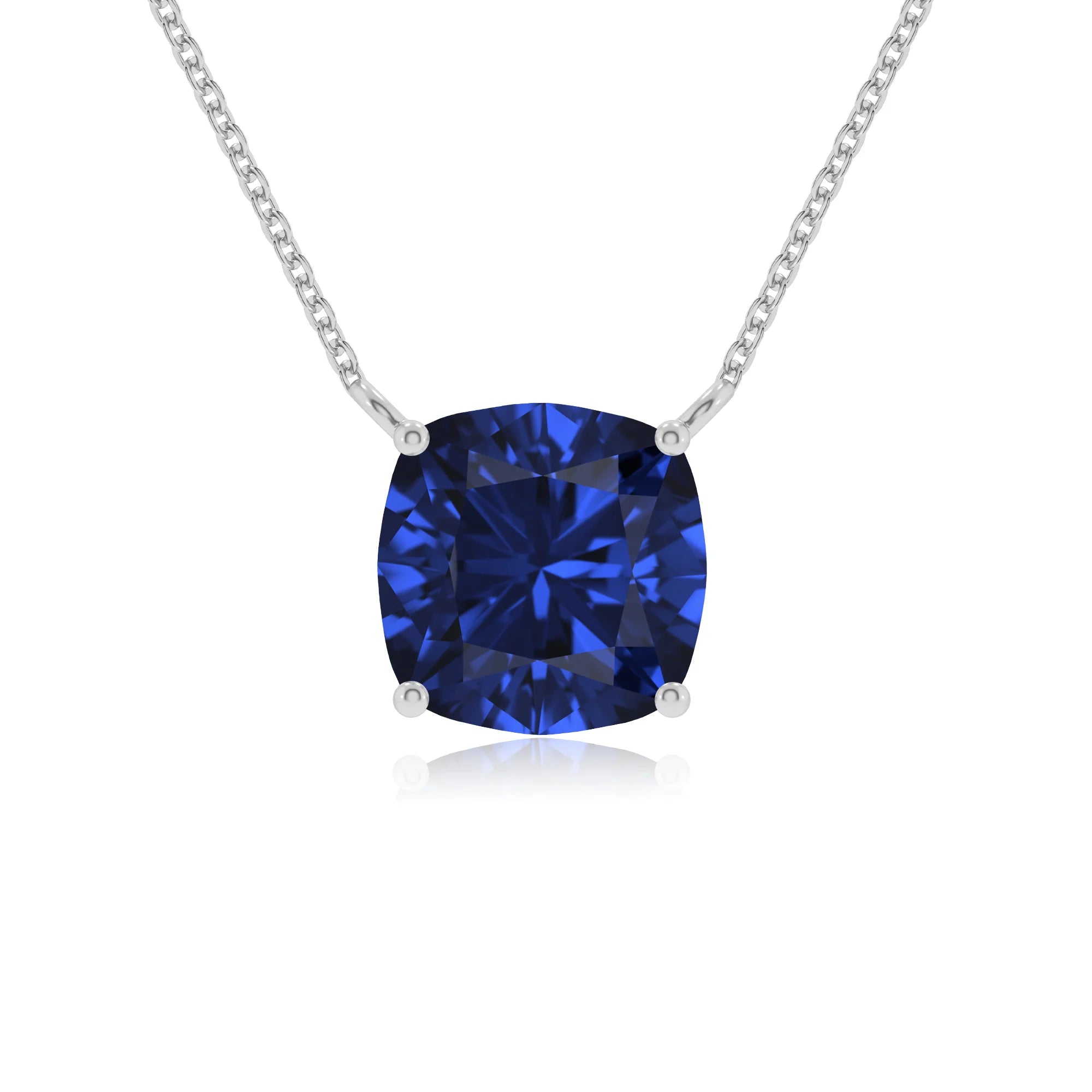 lab grown blue-sapphire cushion solitaire necklaces in platinum