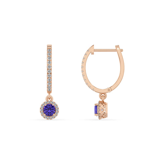 lab grown tanzanite round drop earrings in rose gold