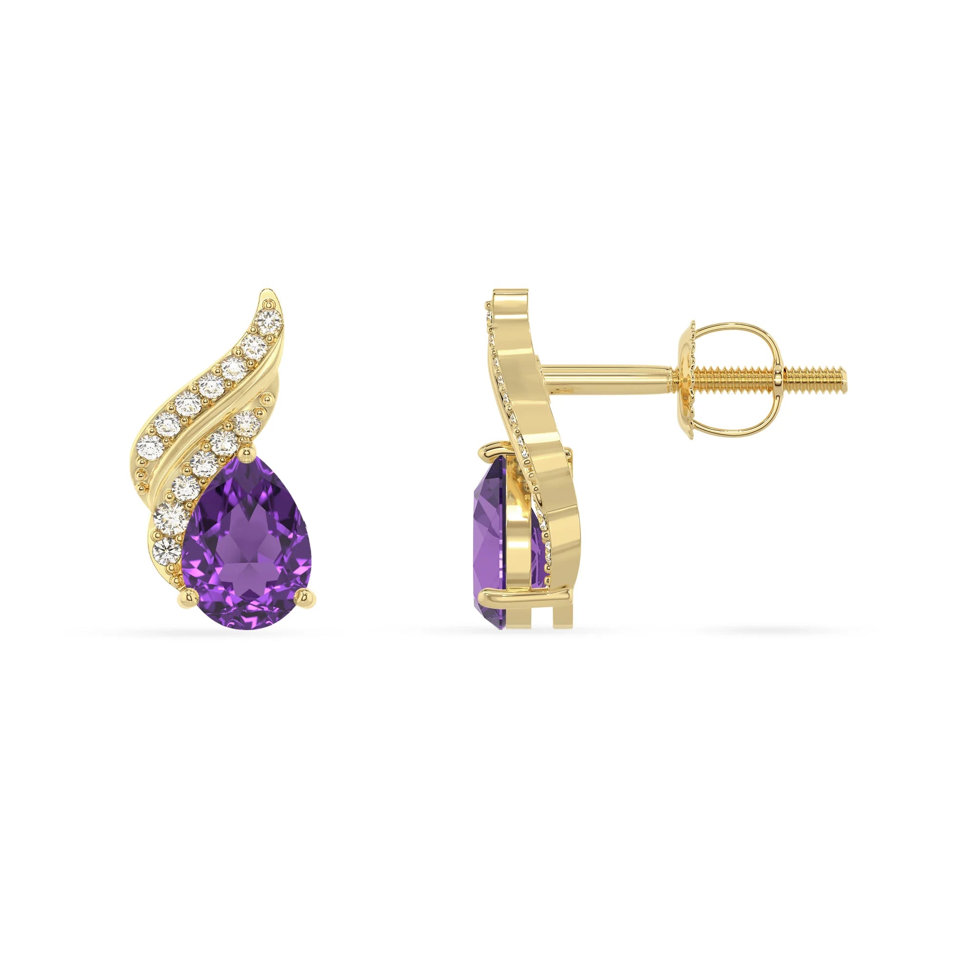 lab grown amethyst pear stud earrings in yellow gold