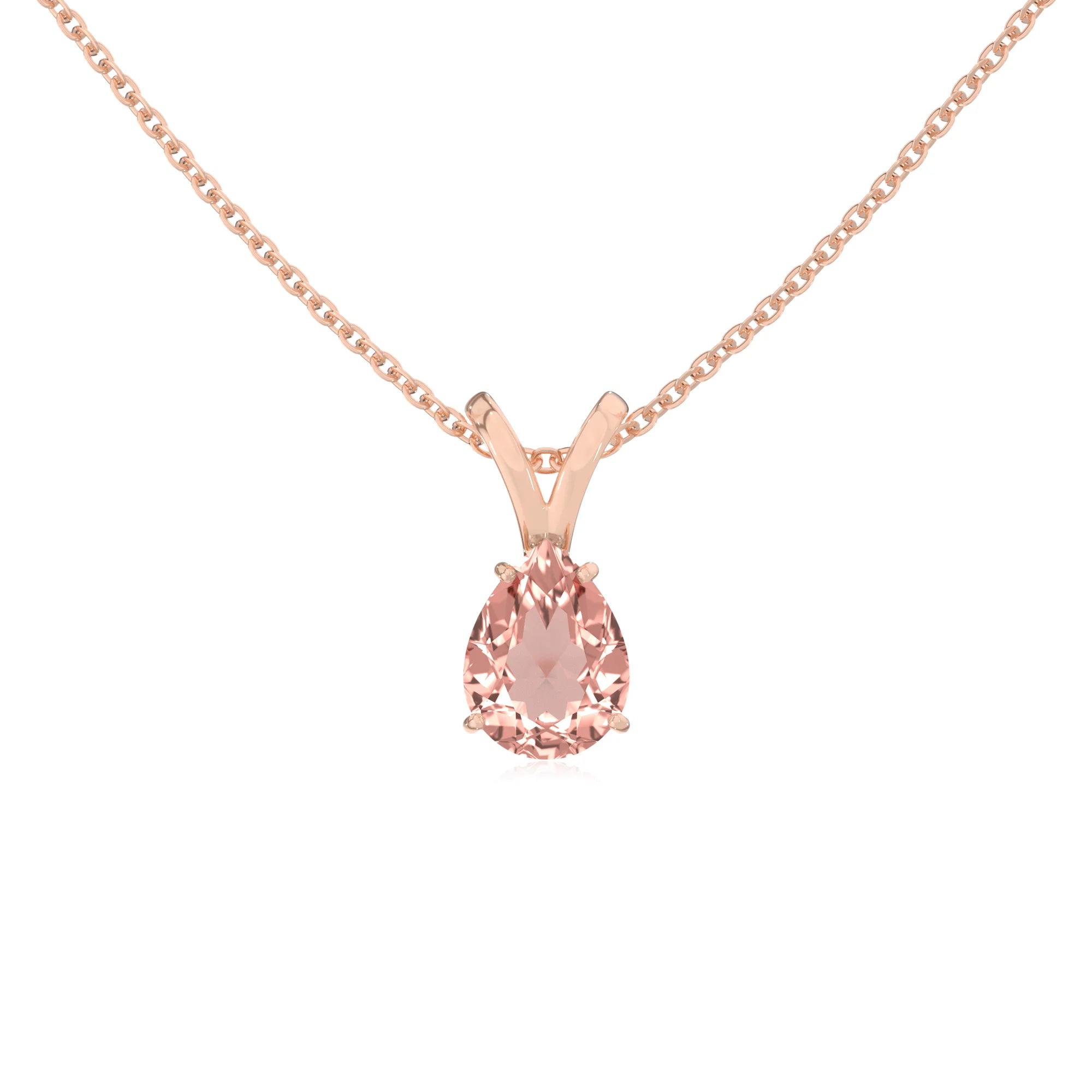 lab grown morganite pear solitaire v-bale necklaces in rose gold