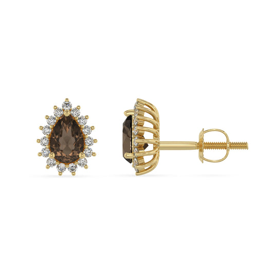 natural smoky quartz pear stud earrings in yellow gold