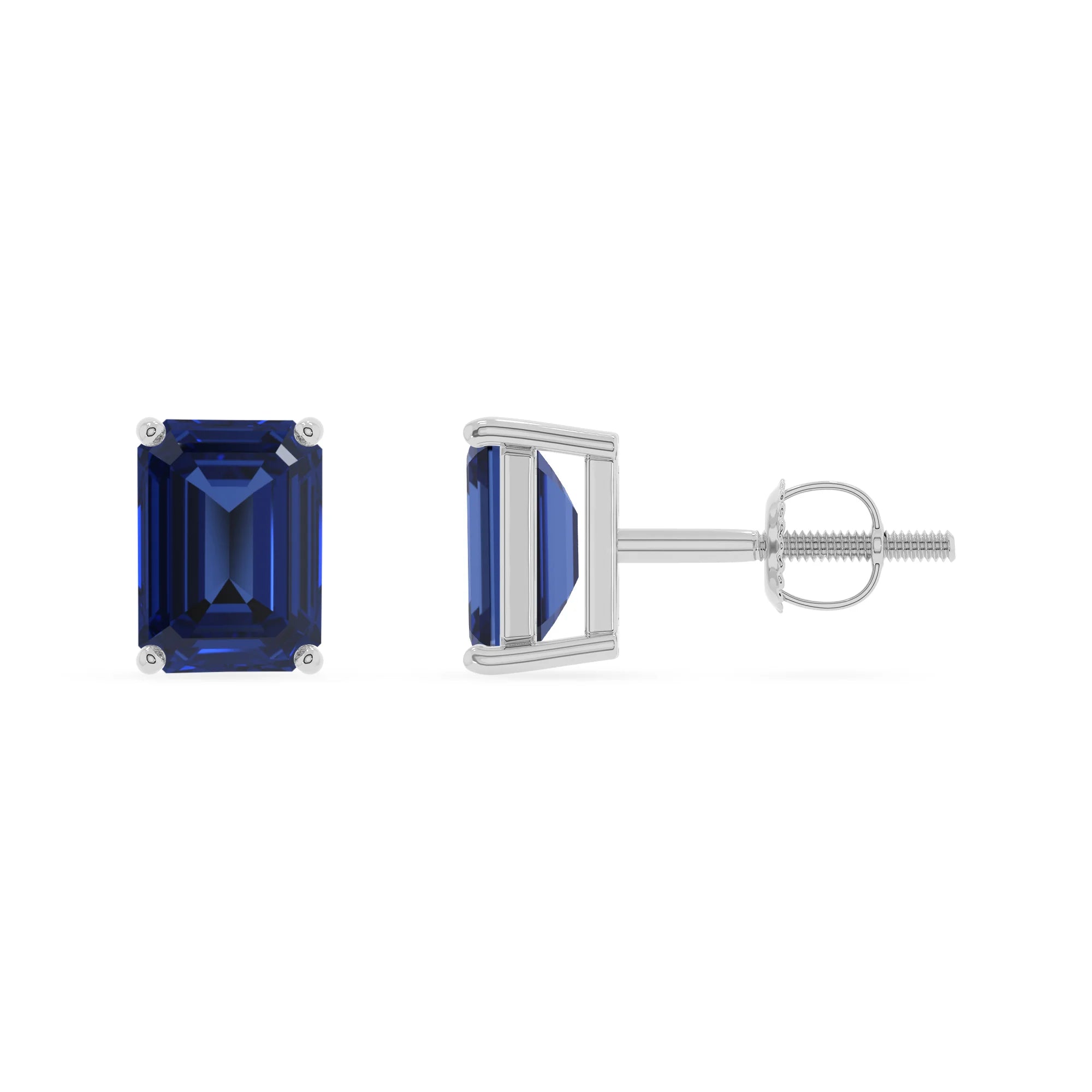 lab grown blue sapphire emerald cut stud earrings in sterling silver