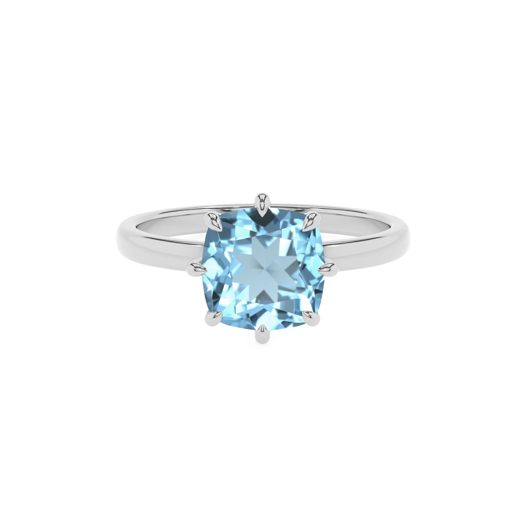 lab grown aquamarine cushion solitaire rings in platinum