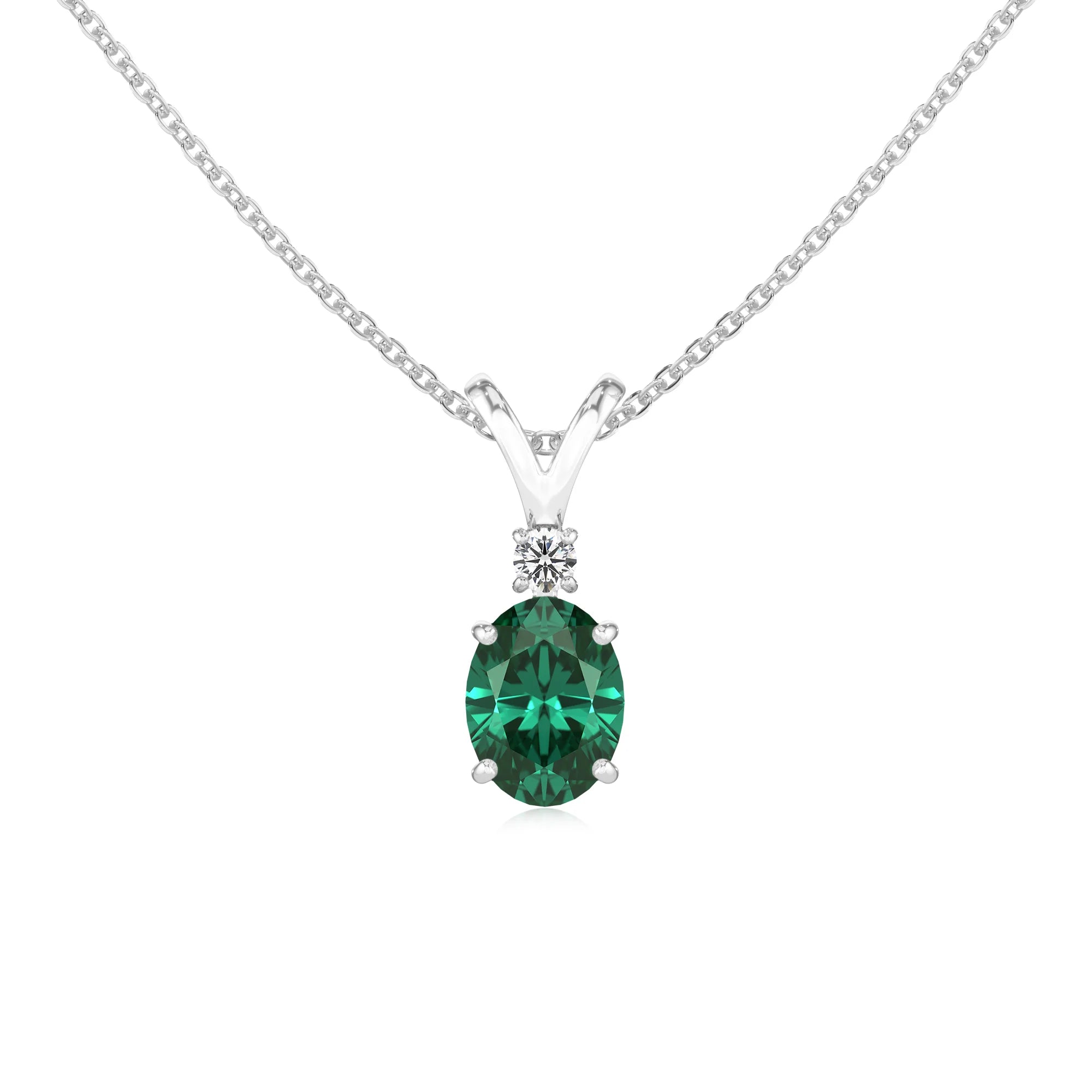 lab grown emerald oval solitaire v-bale necklaces in sterling silver