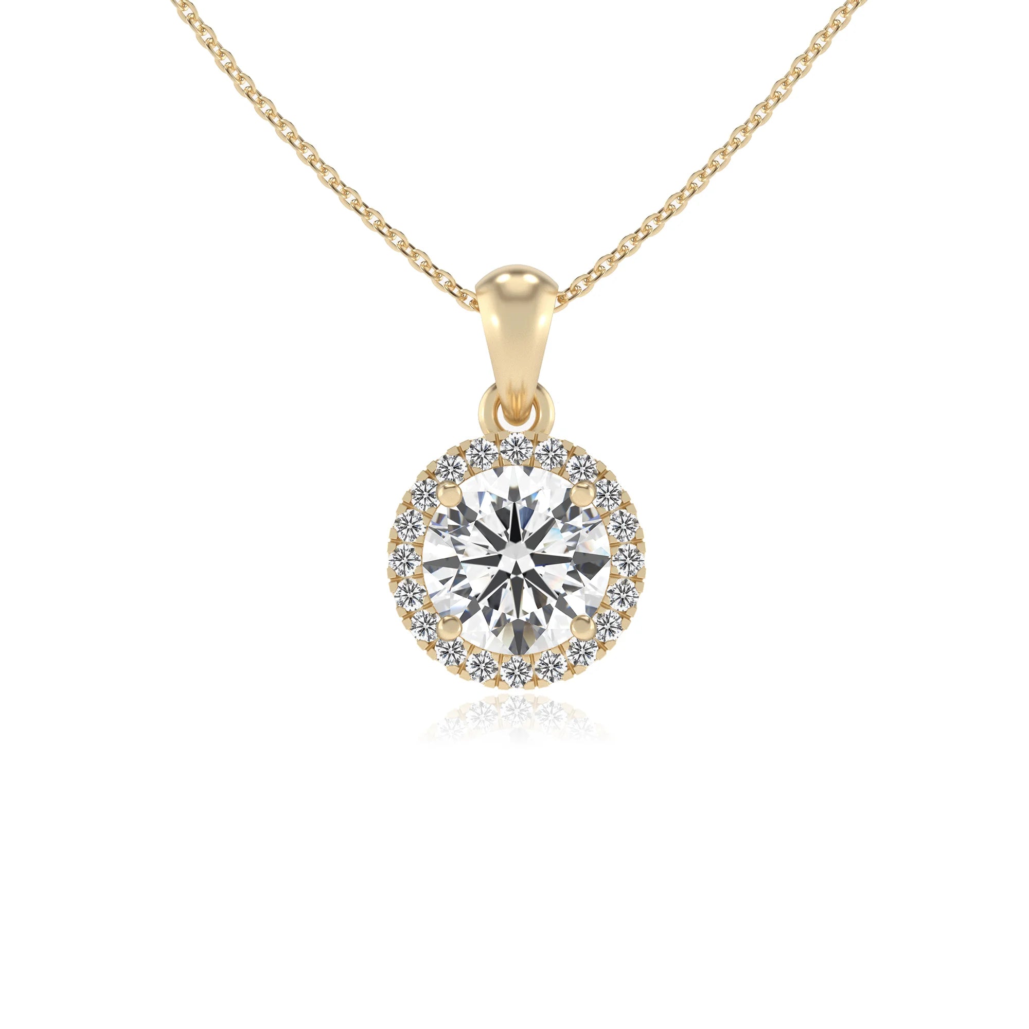 lab grown moissanite round solitaire necklaces in yellow gold