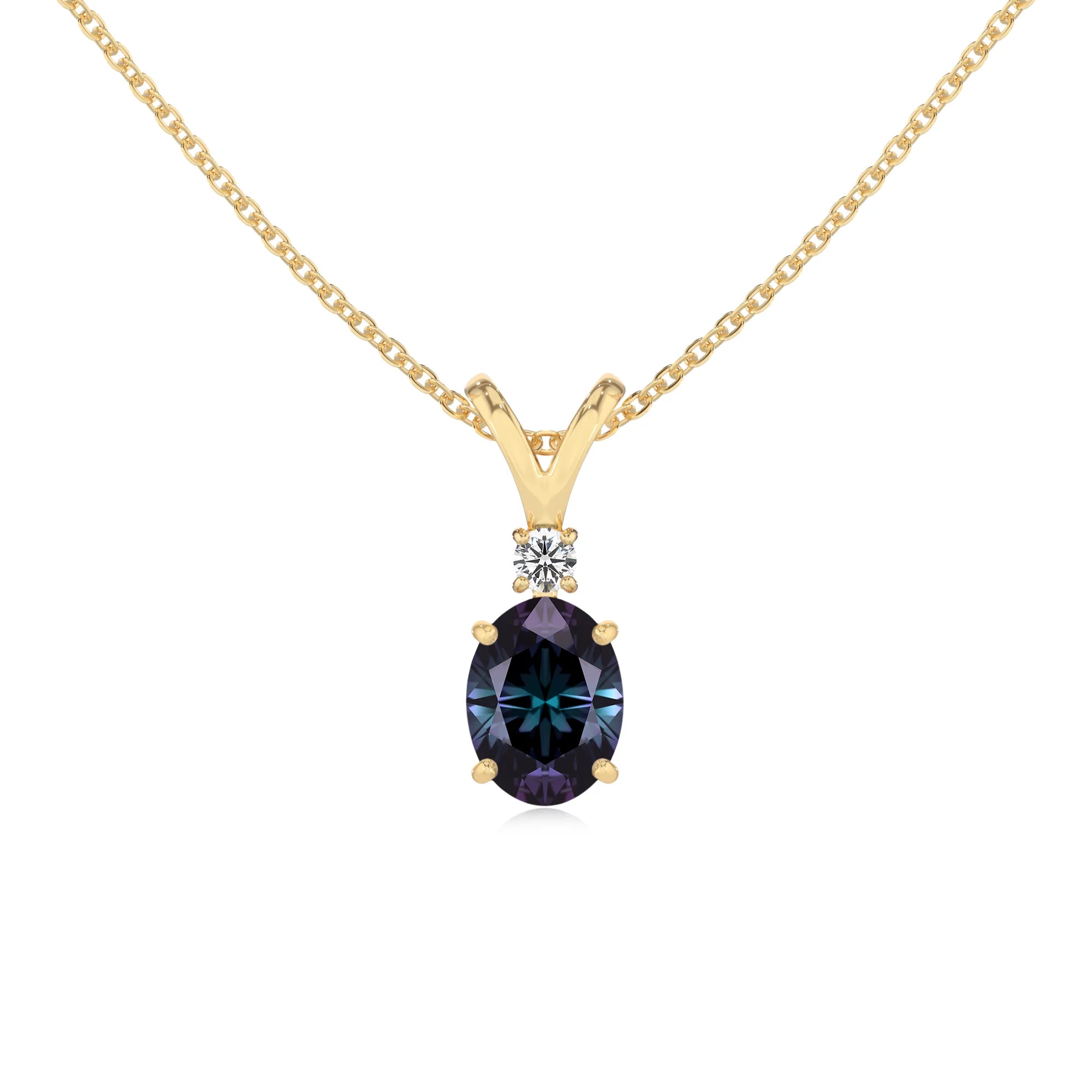 lab grown alexandrite oval solitaire v-bale necklaces in yellow gold