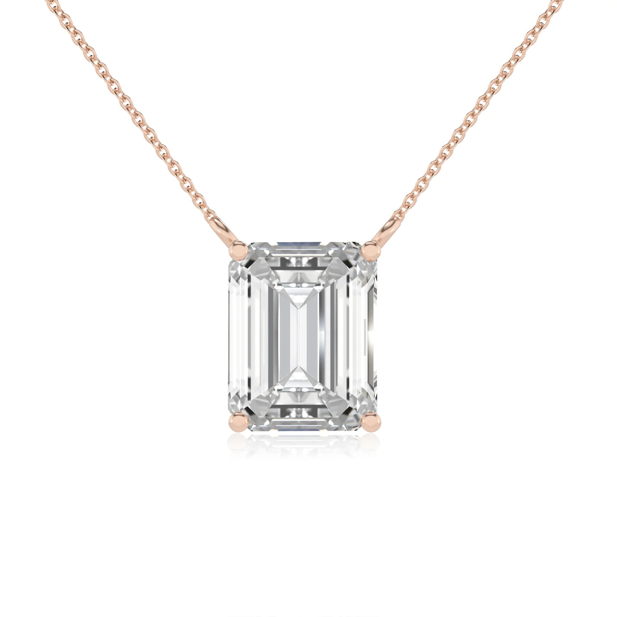 lab grown moissanite emerald cut solitaire necklaces in rose gold