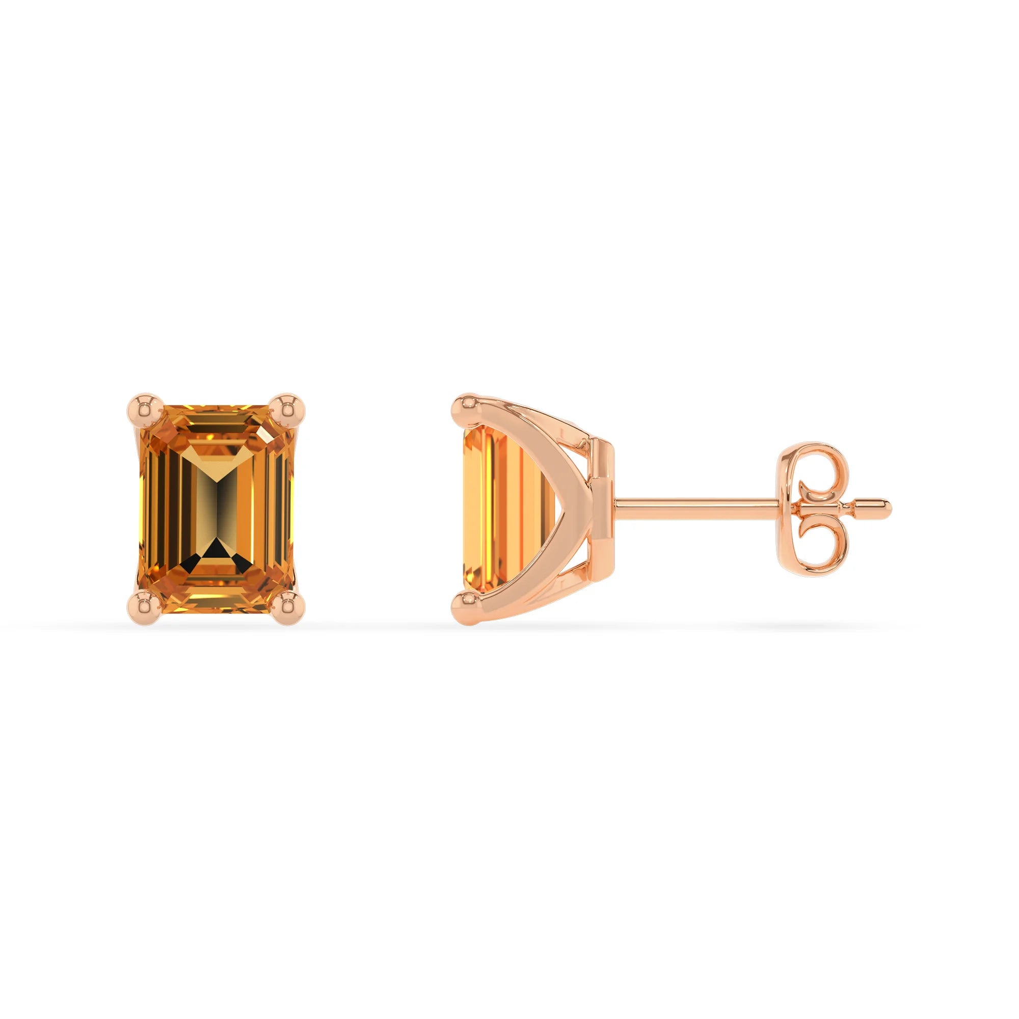 lab grown citrine emerald cut stud earrings in rose gold