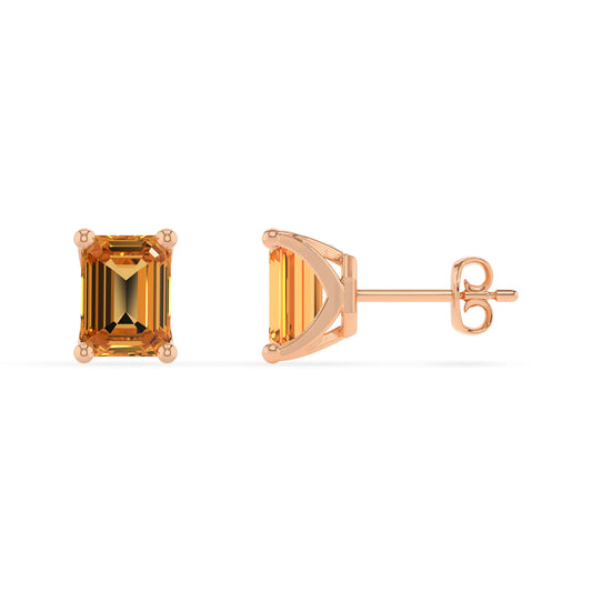 lab grown citrine emerald cut stud earrings in rose gold