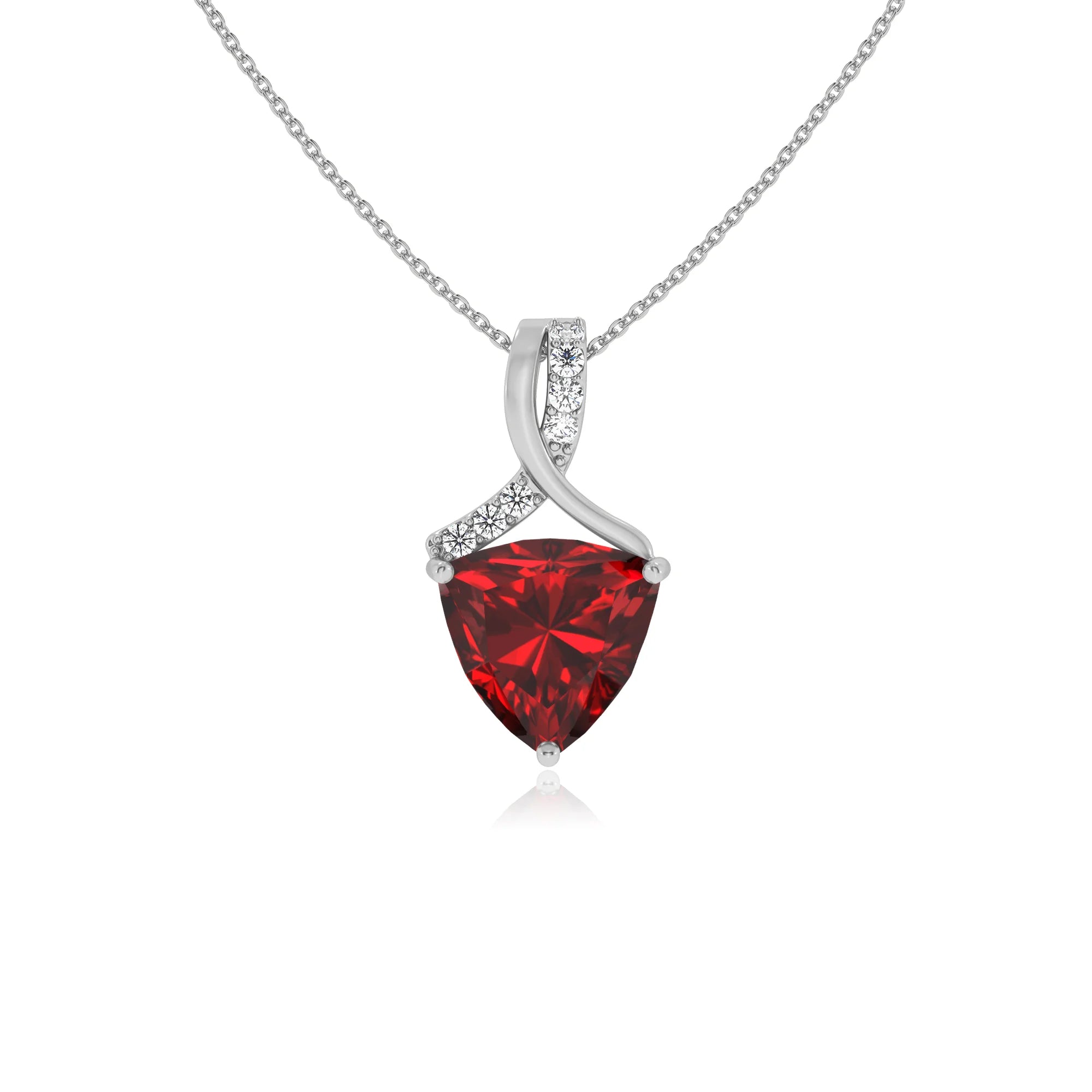 lab grown ruby trillion solitaire necklaces in white gold