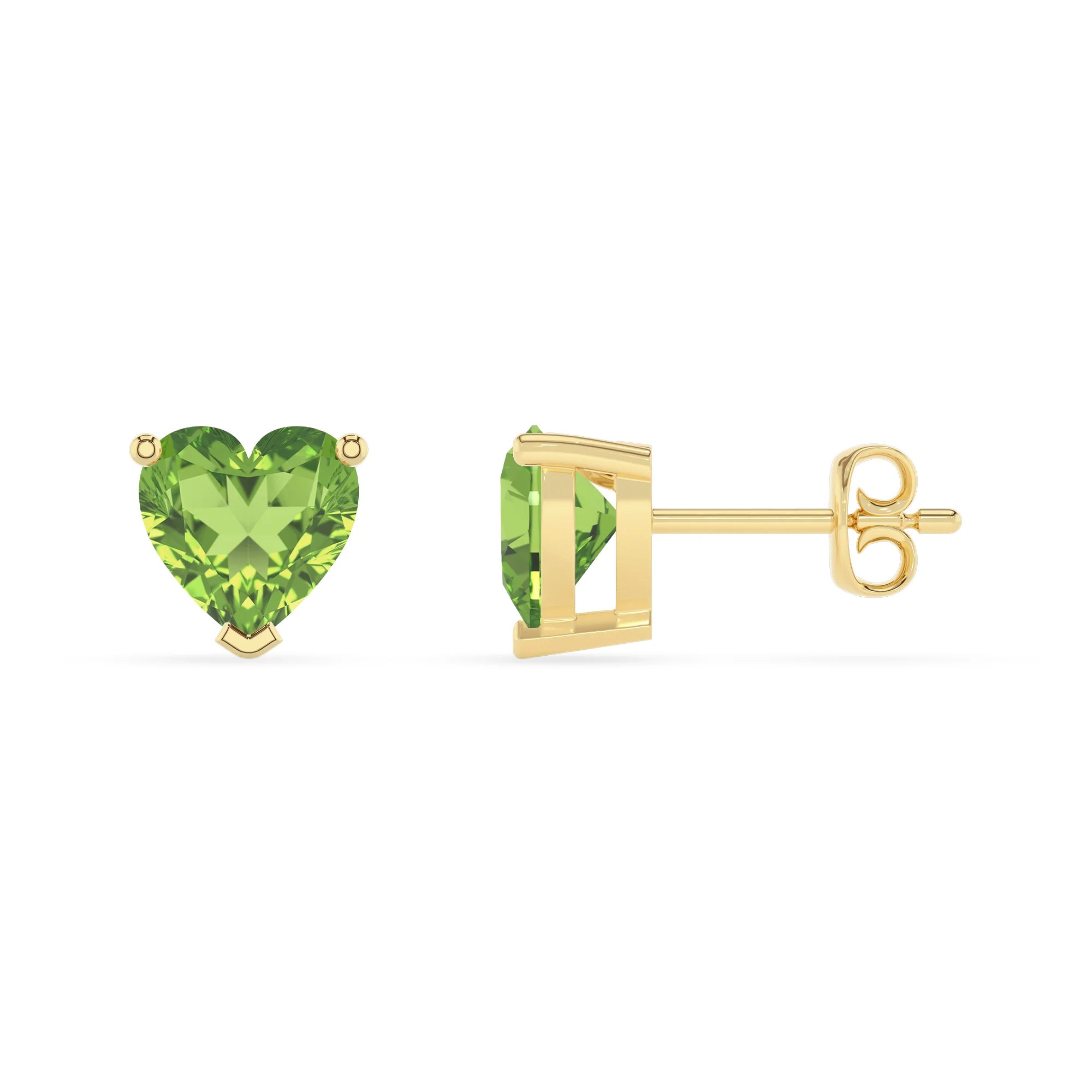 natural peridot heart stud earrings in yellow gold
