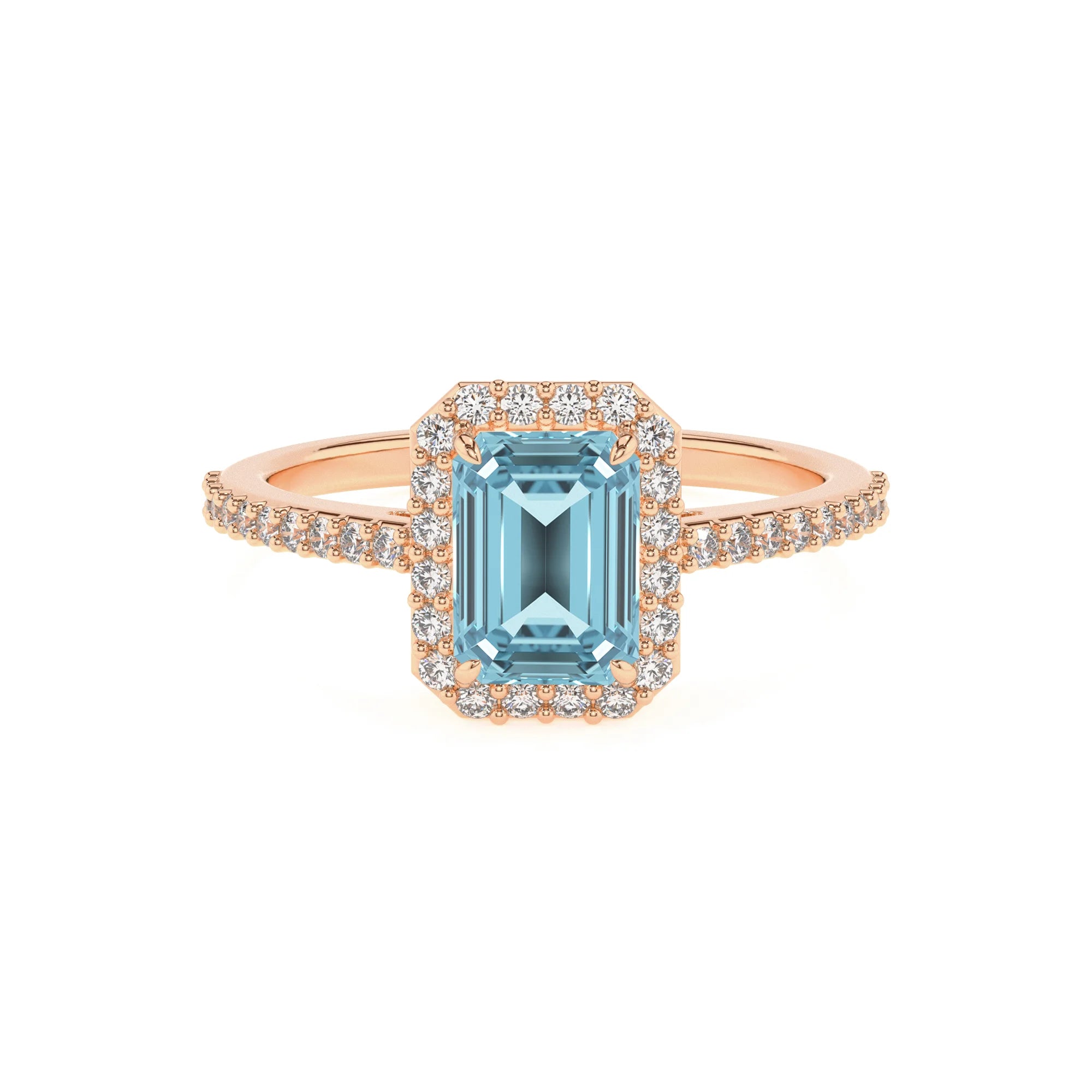 lab grown aquamarine emerald cut solitaire rings in rose gold
