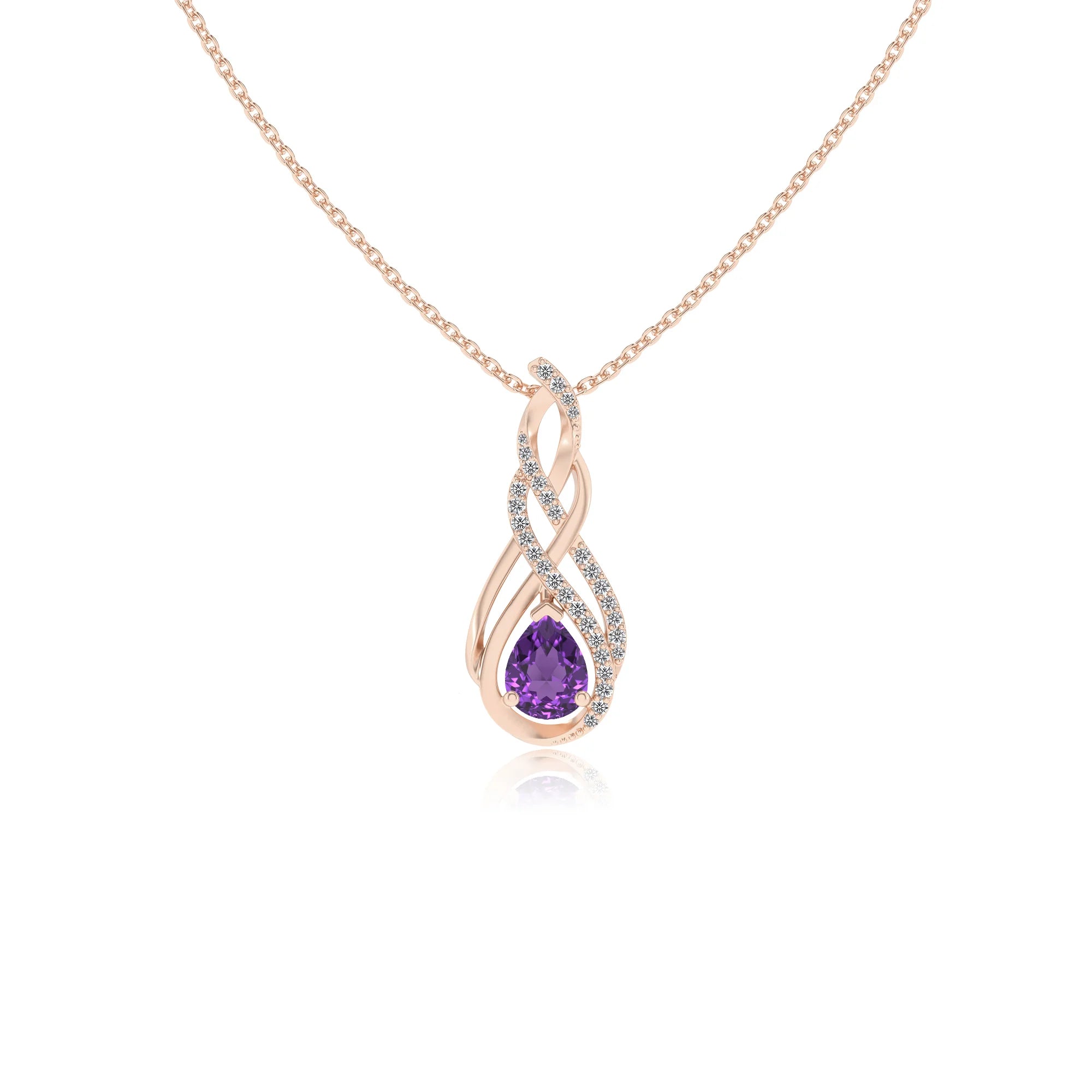 lab grown amethyst pear solitaire necklaces in rose gold