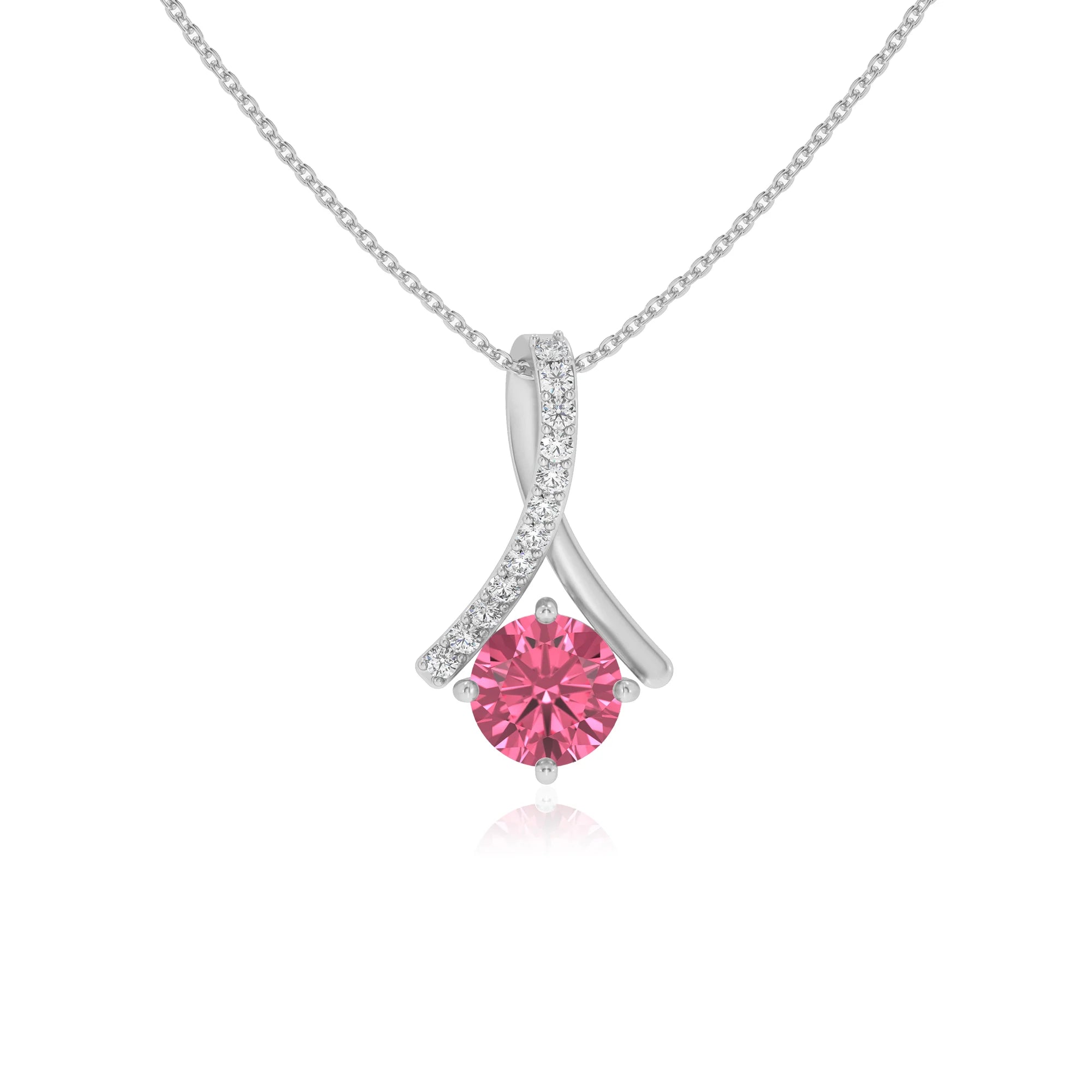 lab grown pink-tourmaline round solitaire necklaces in white gold