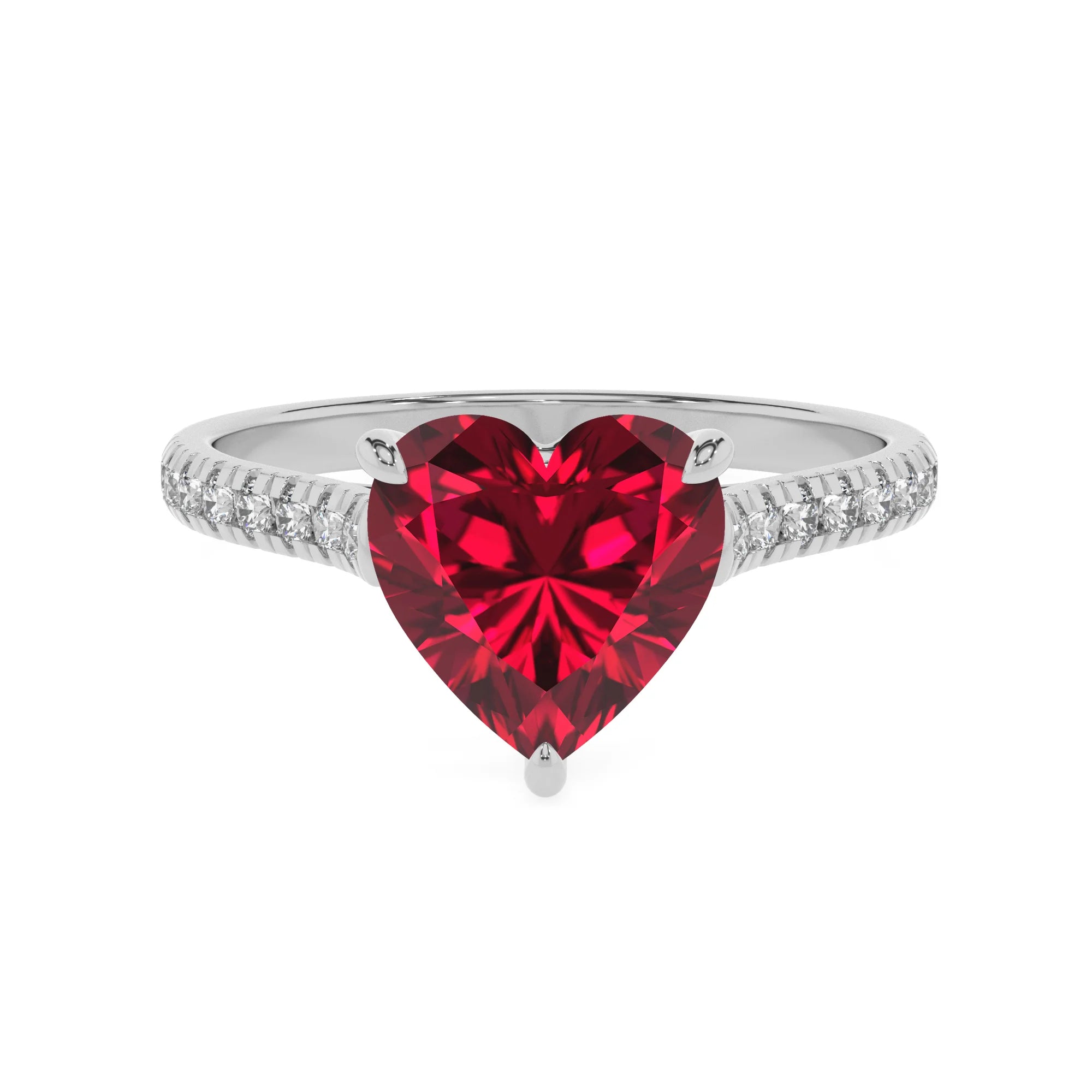 lab grown ruby heart half eternity solitaire engagement rings in white gold