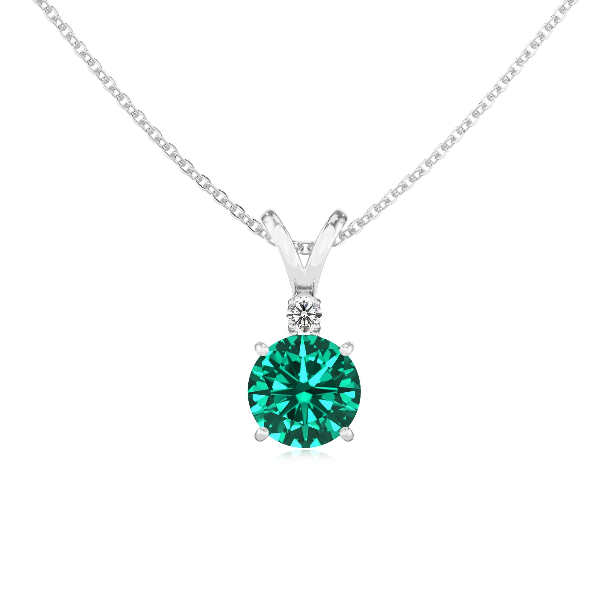 lab grown emerald round solitaire v-bale necklaces in sterling silver