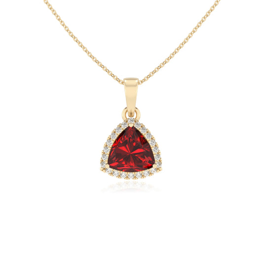 lab grown ruby trillion solitaire necklaces in yellow gold