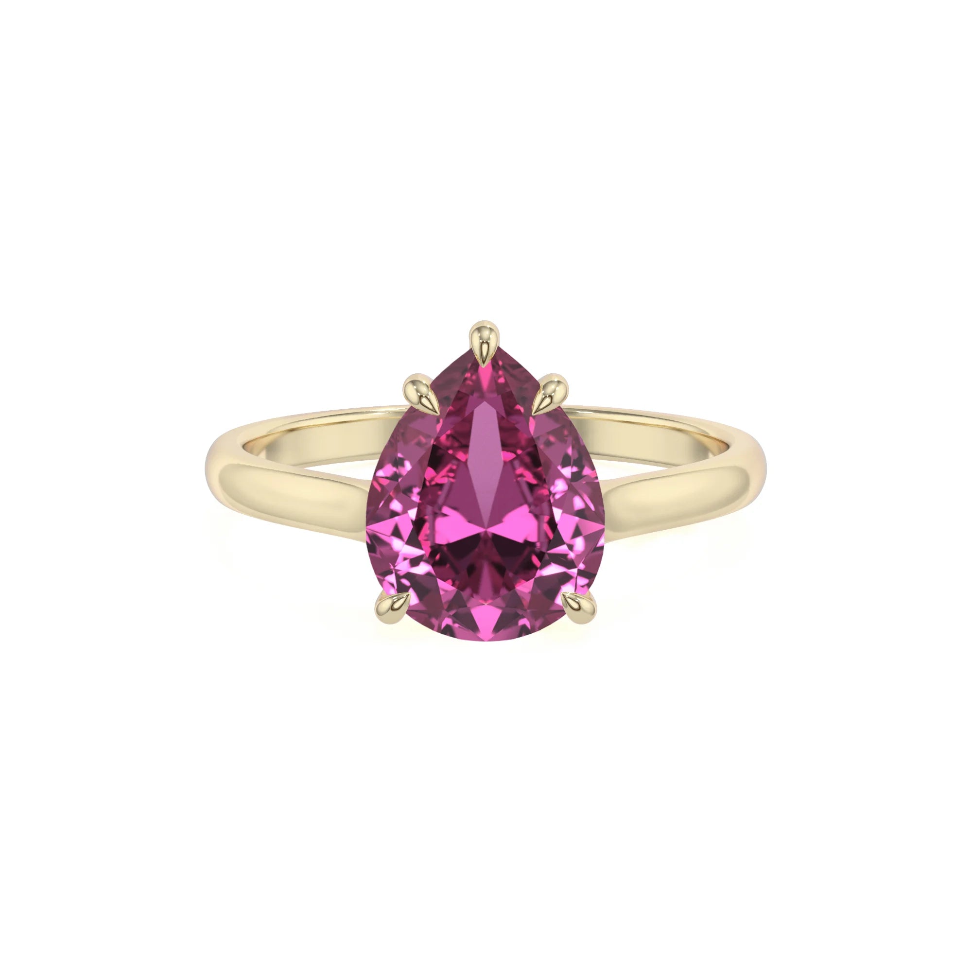 lab grown pink-sapphire pear solitaire rings in yellow gold