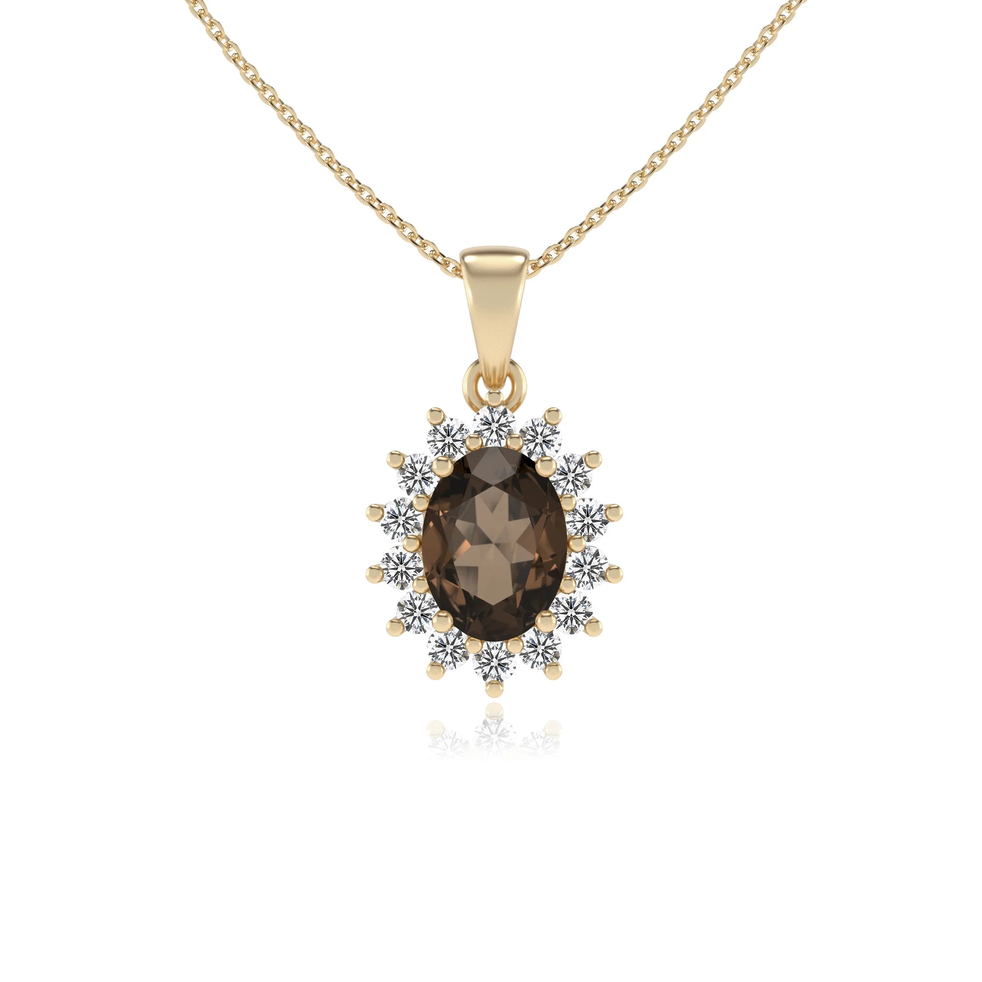 natural smoky-quartz oval halo necklaces in yellow gold