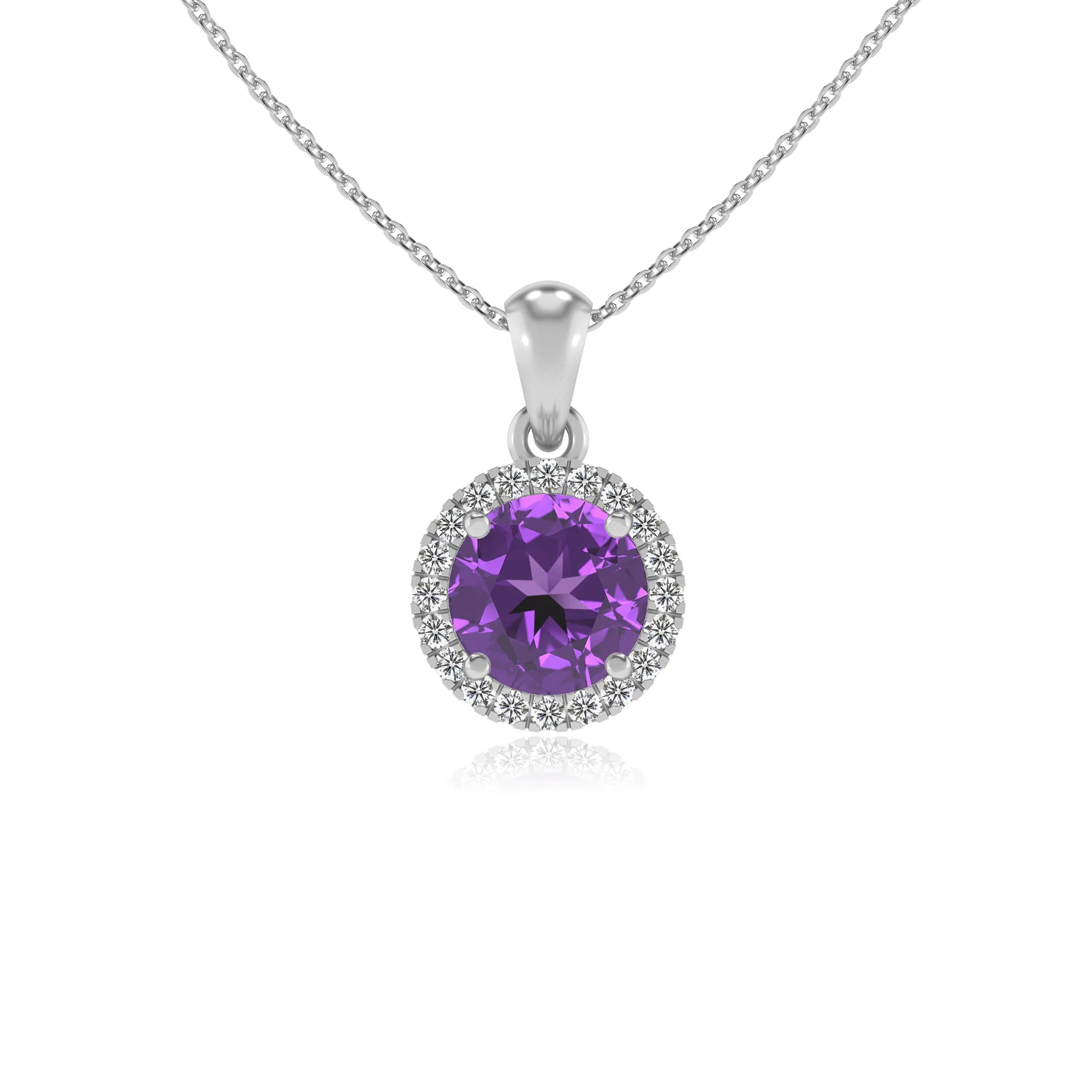 lab grown amethyst round solitaire necklaces in platinum