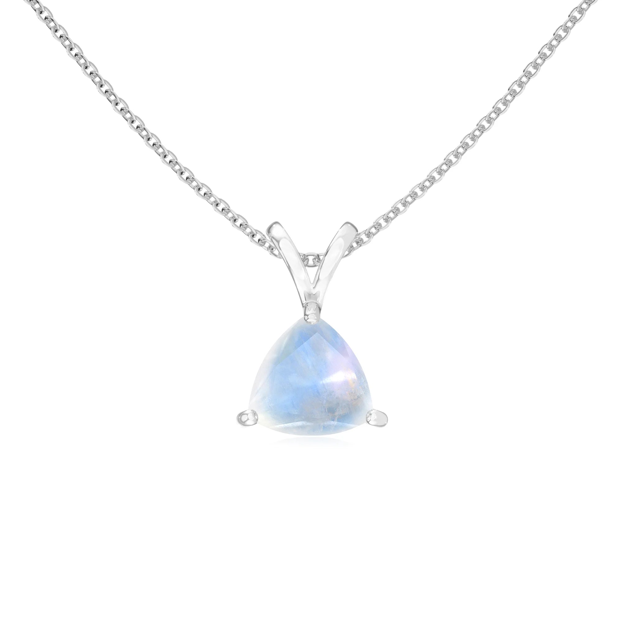 natural rainbow-moonstone trillion solitaire v-bale necklaces in white gold