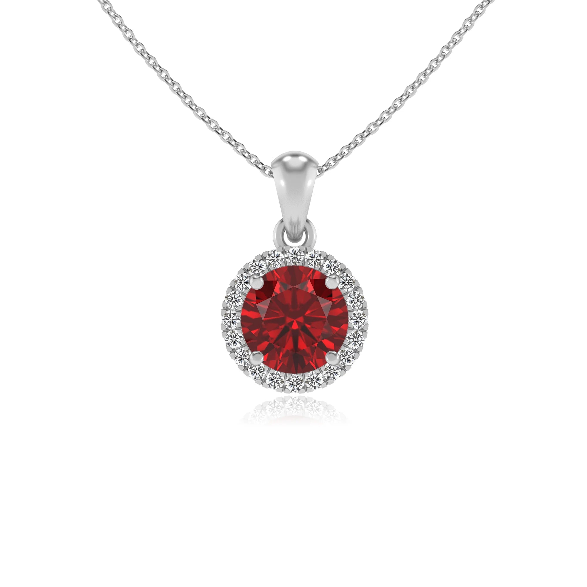lab grown ruby round solitaire necklaces in white gold