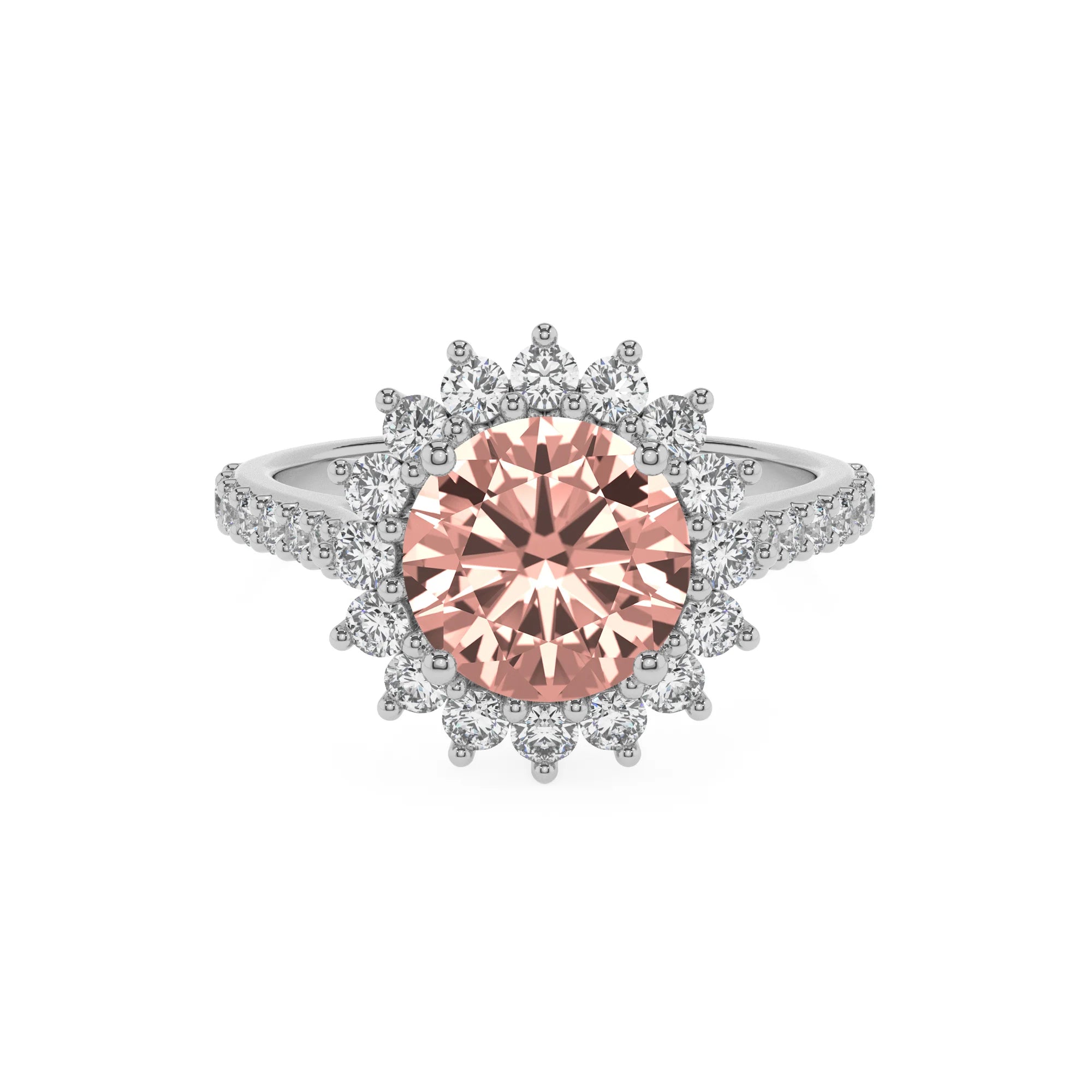 lab grown morganite round solitaire rings in white gold
